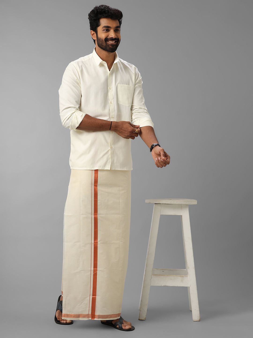 Men Kora Cotton Double Layer Dhoti With Copper Jari Border Mangal image 3