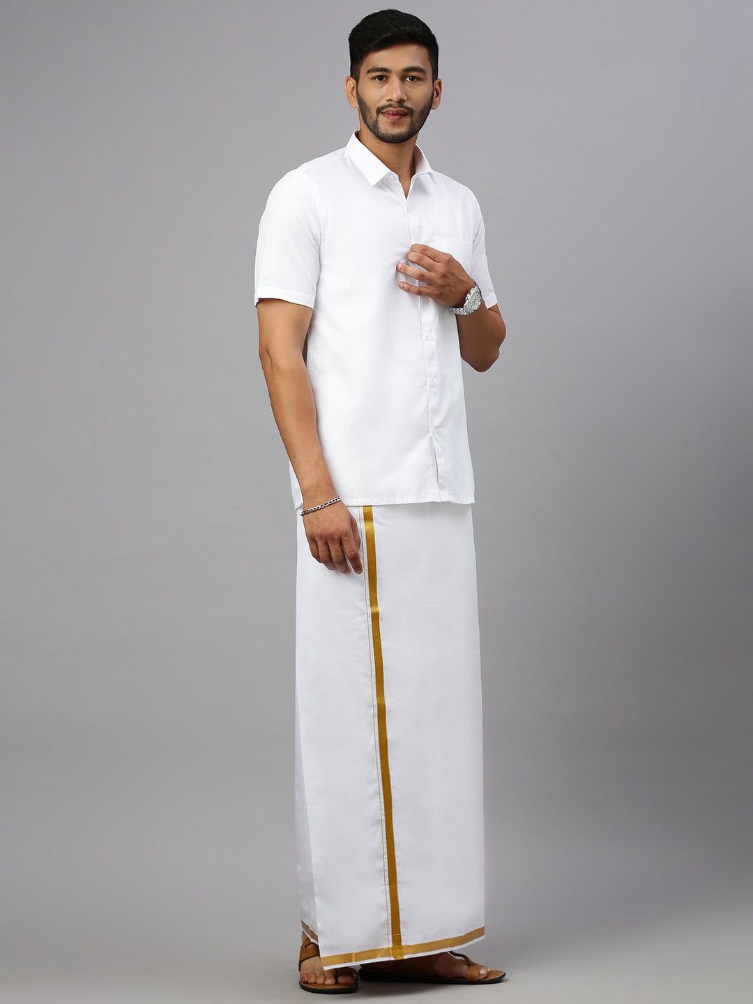 Men 100% Cotton Single Layer White Dhoti With 1" Gold Jari Border Aruthra image 3