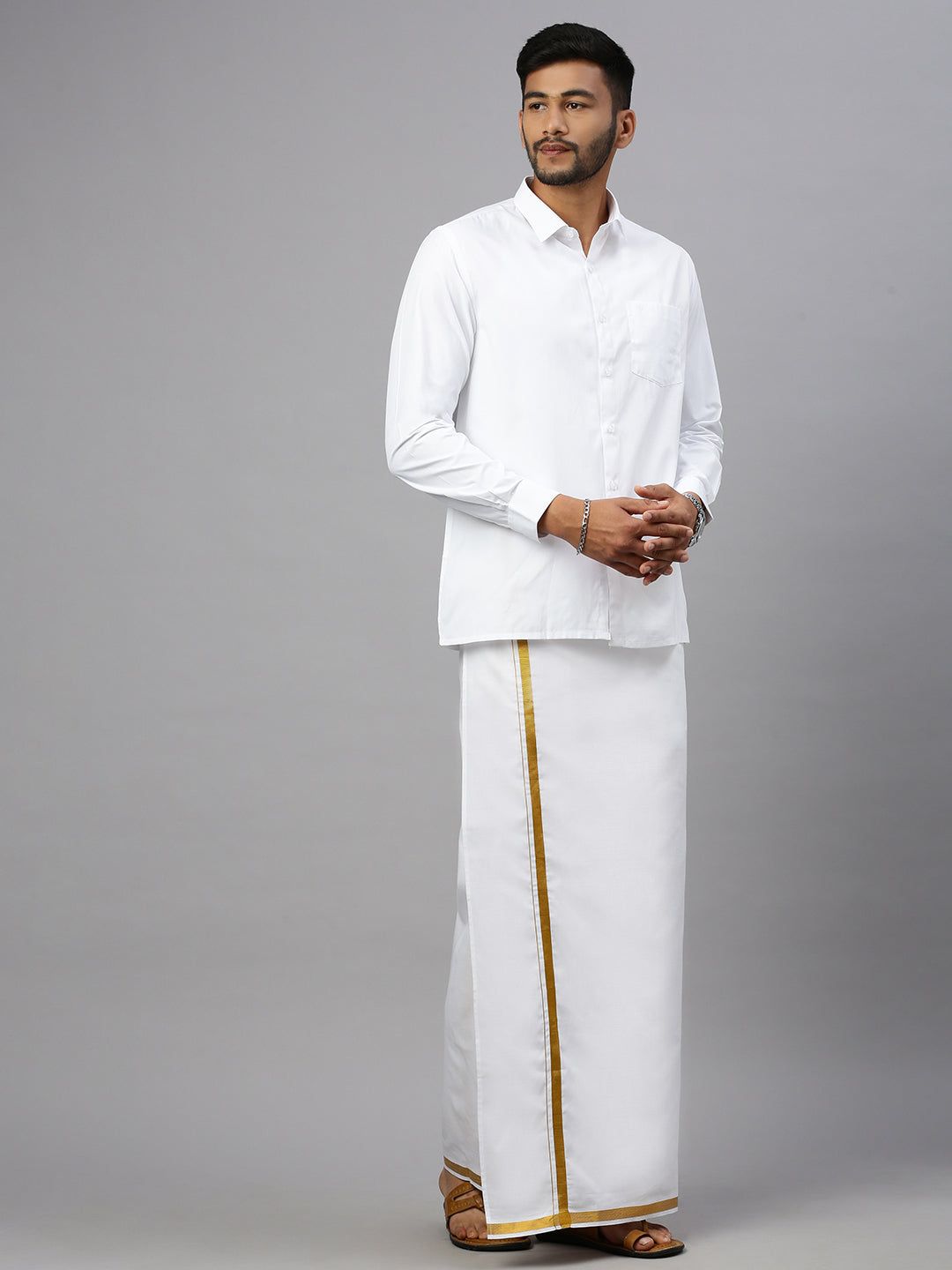 Men Cotton Blend Double Layer White Dhoti With 3/4" Gold Jari Border Goldsmith image 3