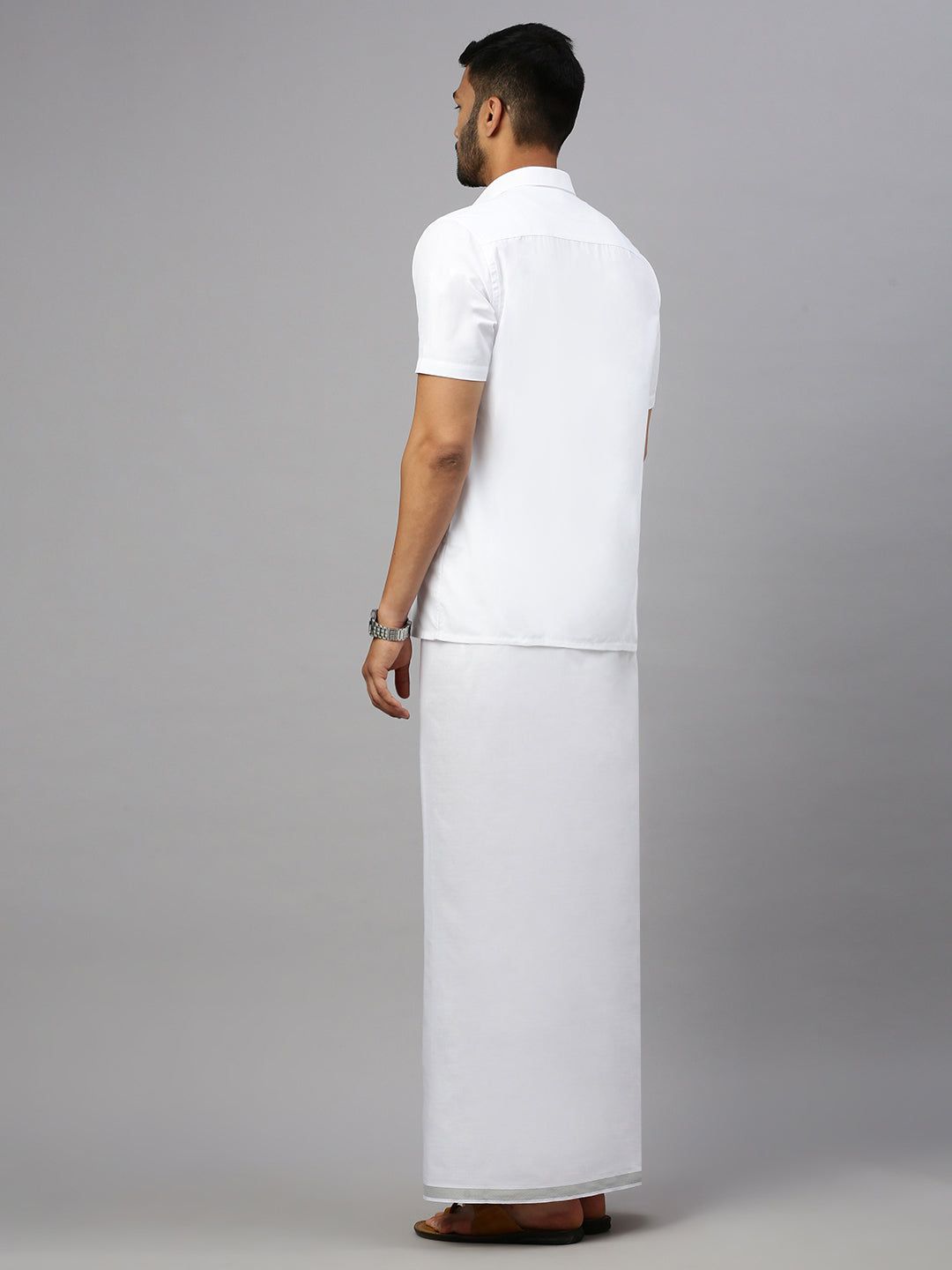 Men Cotton Blend Double Layer White Dhoti With Silver Jari Border Statesman image 3