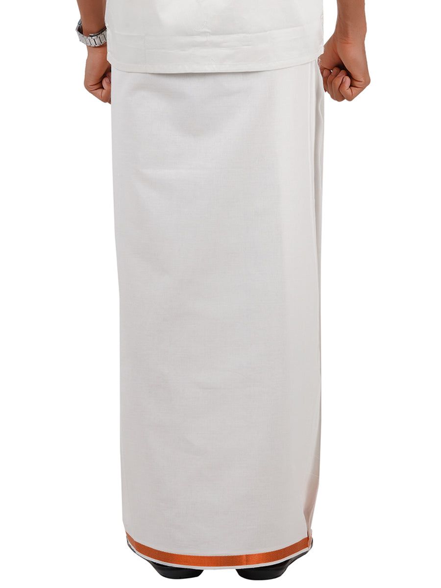 Men Cotton Blend Single Layer White Dhoti With 3/4" Copper Jari Border image 3