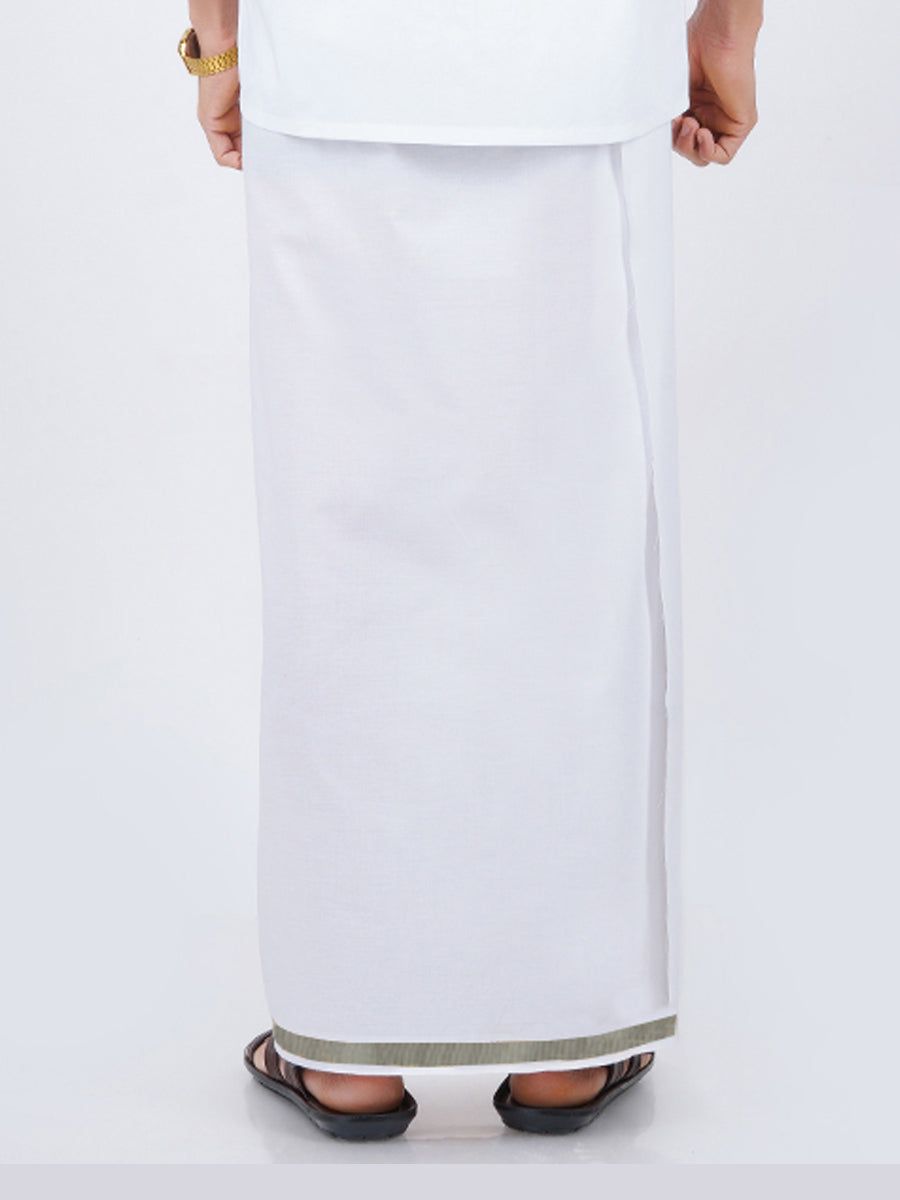Men Cotton Blend Single Layer White Dhoti With 3/4" Silver Jari Border Silvertone image 3