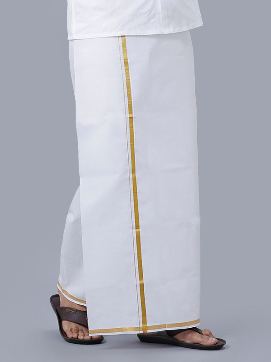 Men Cotton Blend Double Layer White Dhoti With 1/2" Gold Jari Border Goldsmith image 3