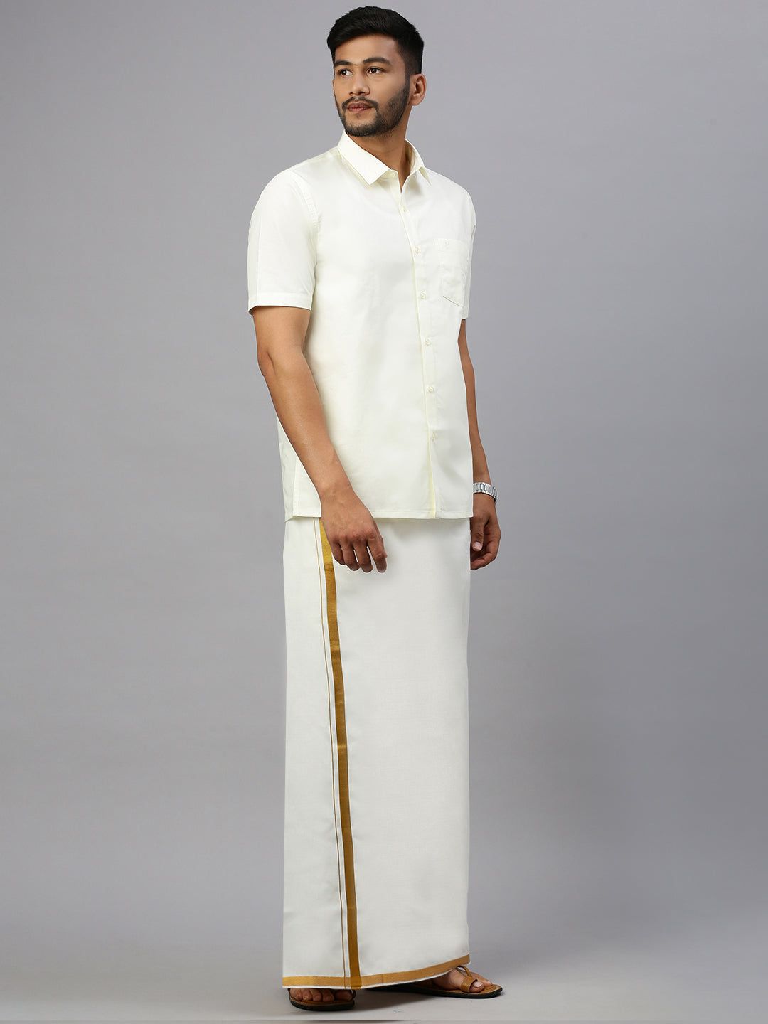 Men Cotton Blend Double Layer Cream Dhoti With 3/4" Jari Border Gold Leaf image 3