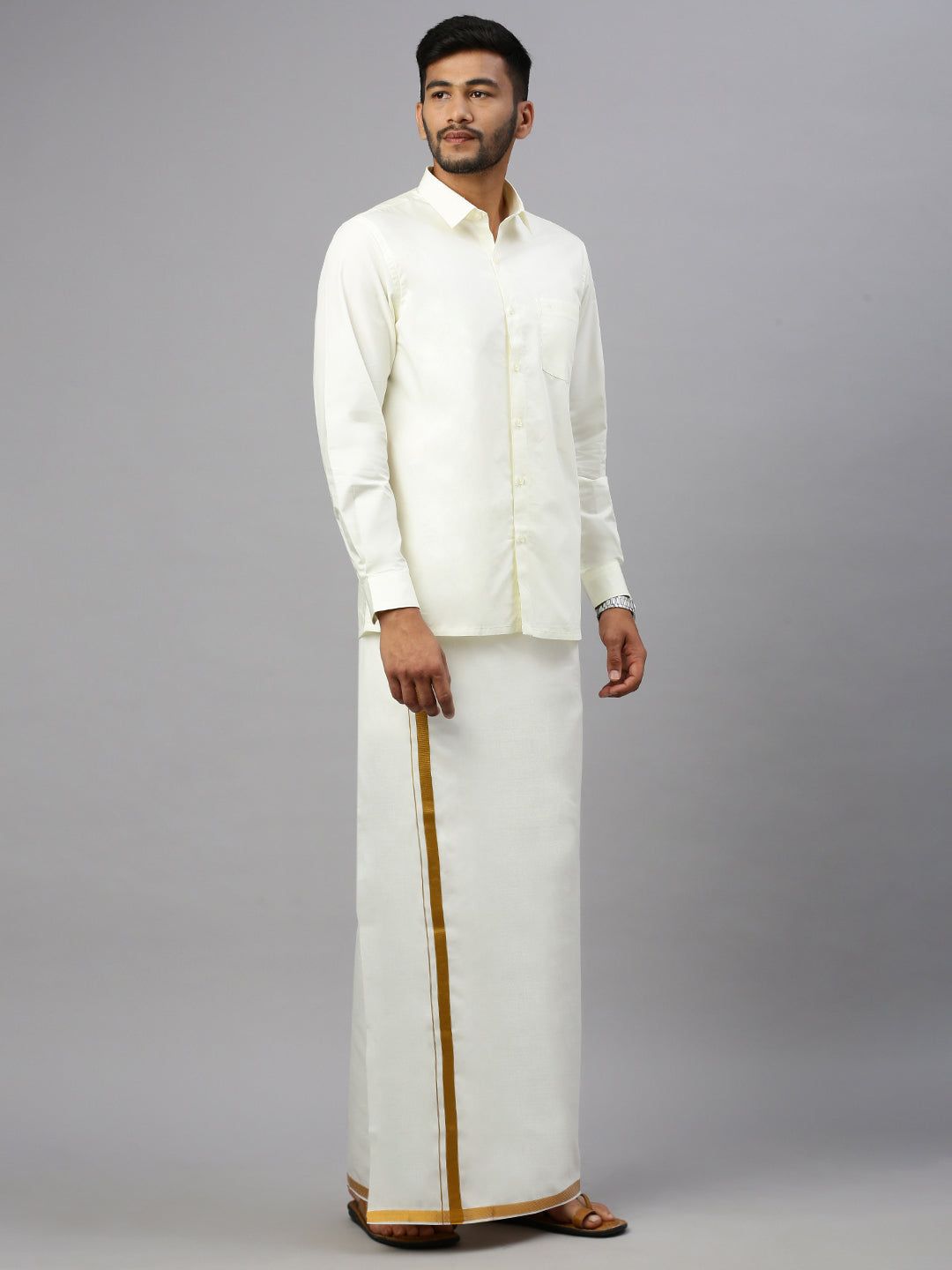 Men Cotton Blend Double Layer Cream Dhoti With 1/2" Jari Border Gold Leaf image 3