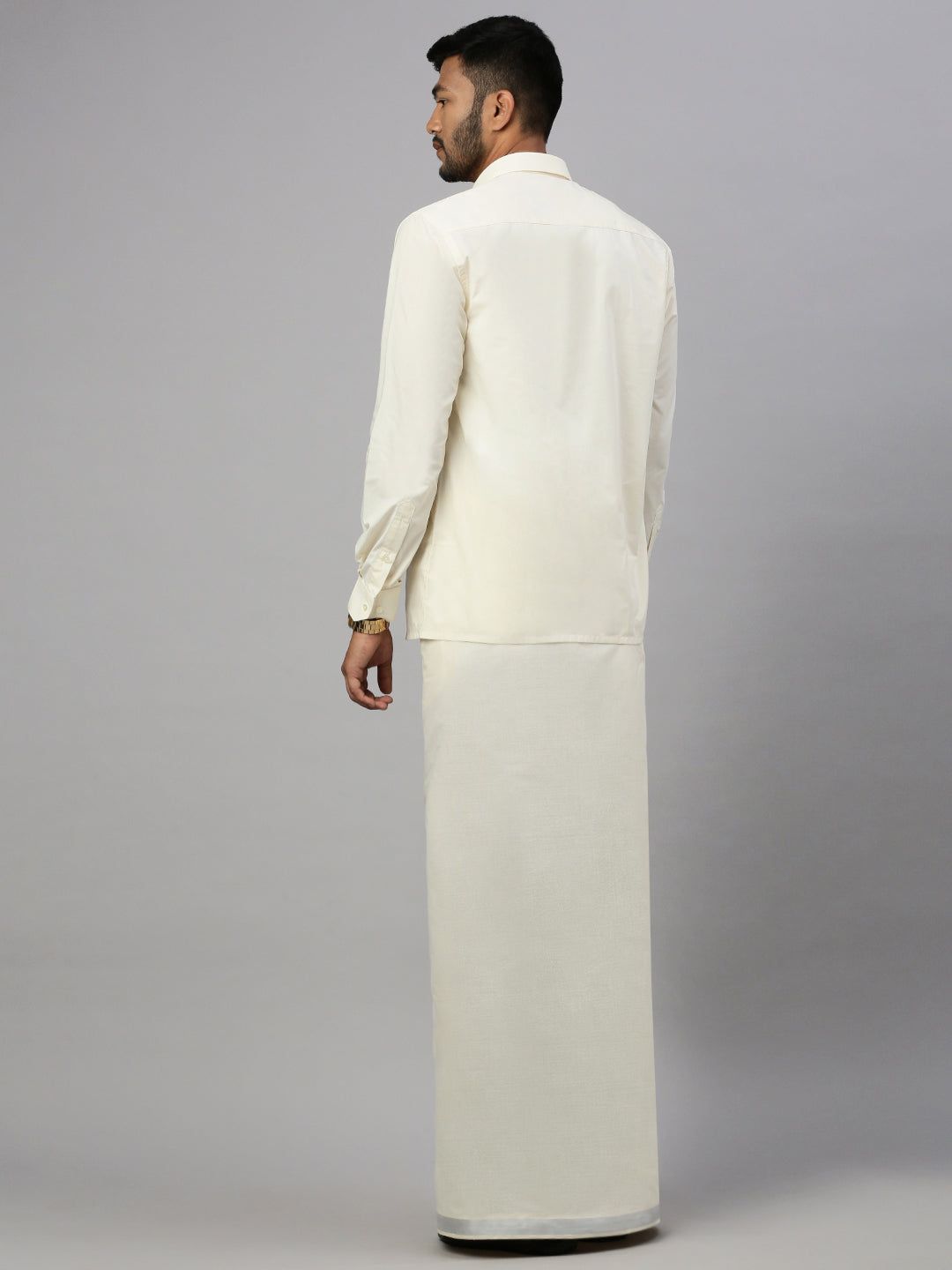 Men Kora Cotton Double Layer Dhoti With 1" Silver Jari Border Light Silver image 3