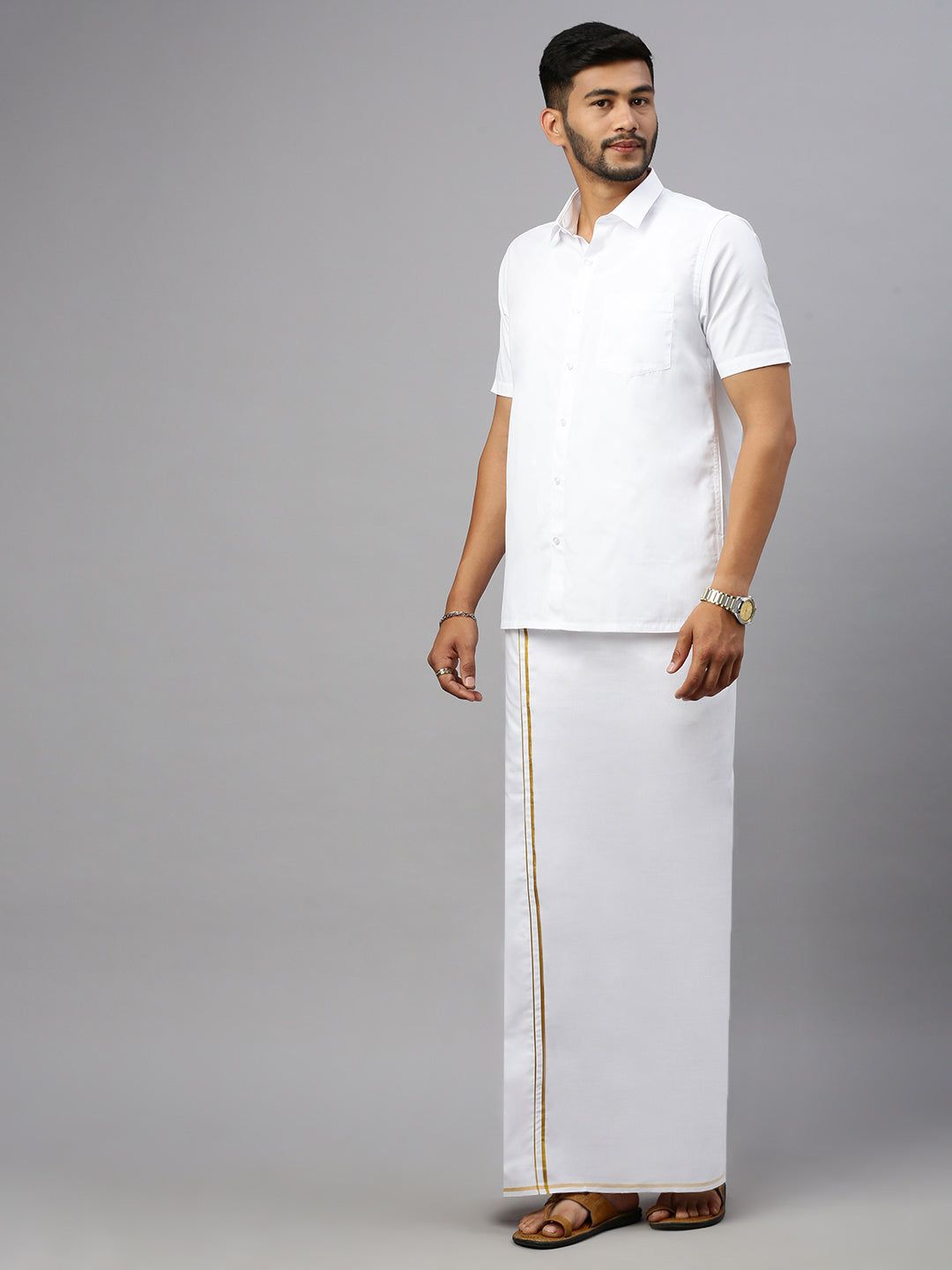 Men 100% Cotton Single Layer White Dhoti With Gold Jari Border Riktha image 3