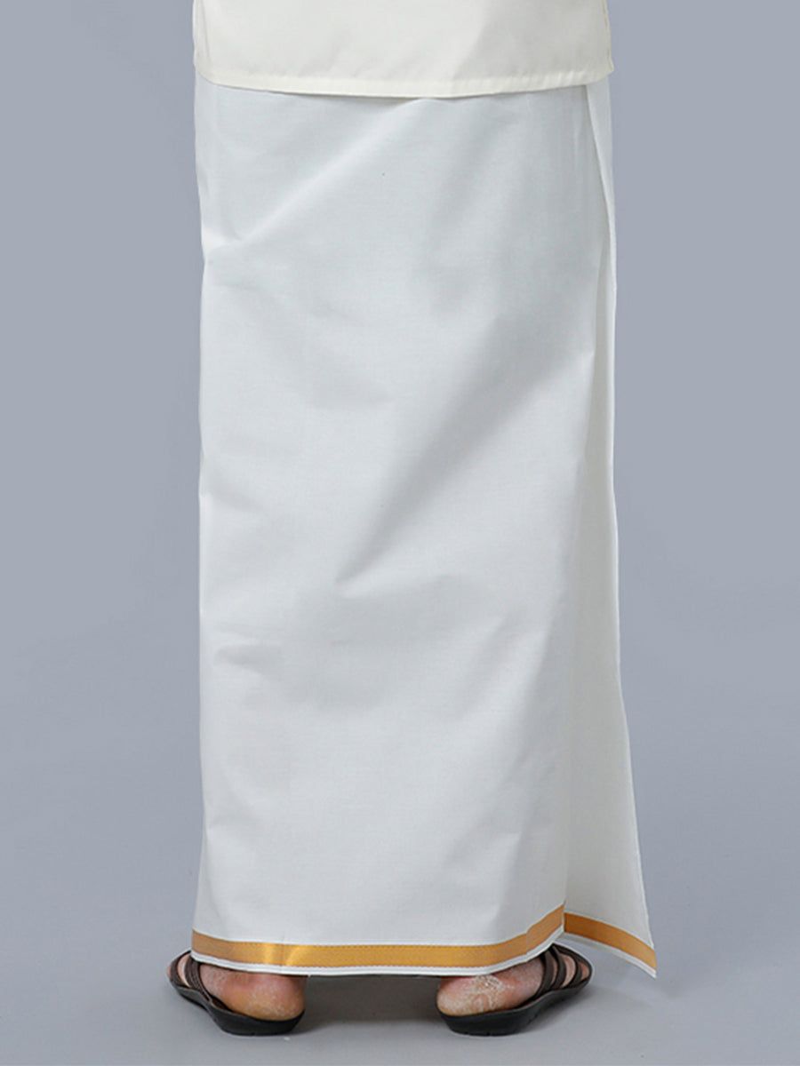 Men 100% Cotton Single Layer Cream Dhoti With 3/4" Gold Jari Border Maestro image 3