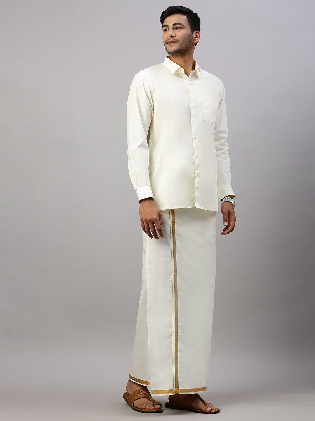Men 100% Cotton Single Layer Cream Dhoti With 3/4" Gold Jari Border Career image 3
