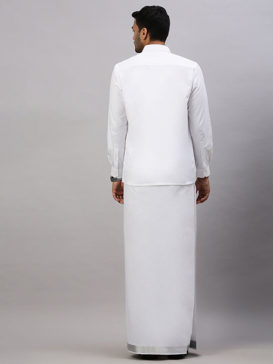 Men 100% Cotton Single Layer White Dhoti With 1 1/2" Silver Jari Border Shringar image 3