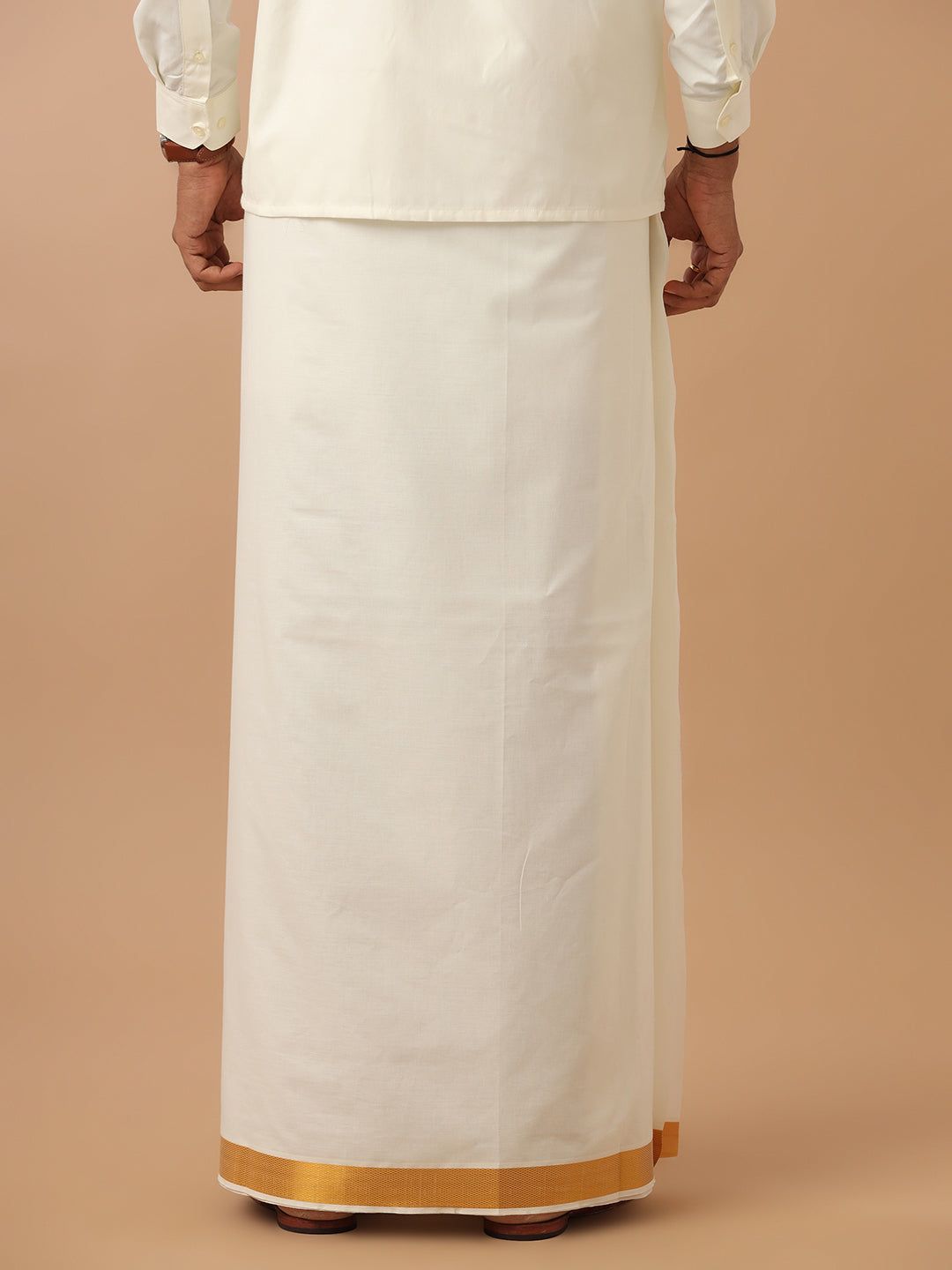Men 100% Cotton Single Layer Cream Dhoti With 1 1/2" Gold Jari Border Career image 3