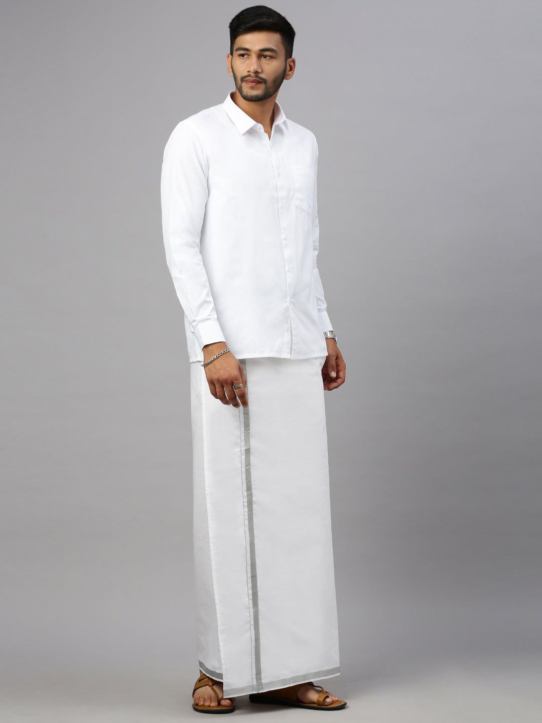 Men 100% Cotton Single Layer White Dhoti With 3/4" Silver Jari Border Shringar image 3