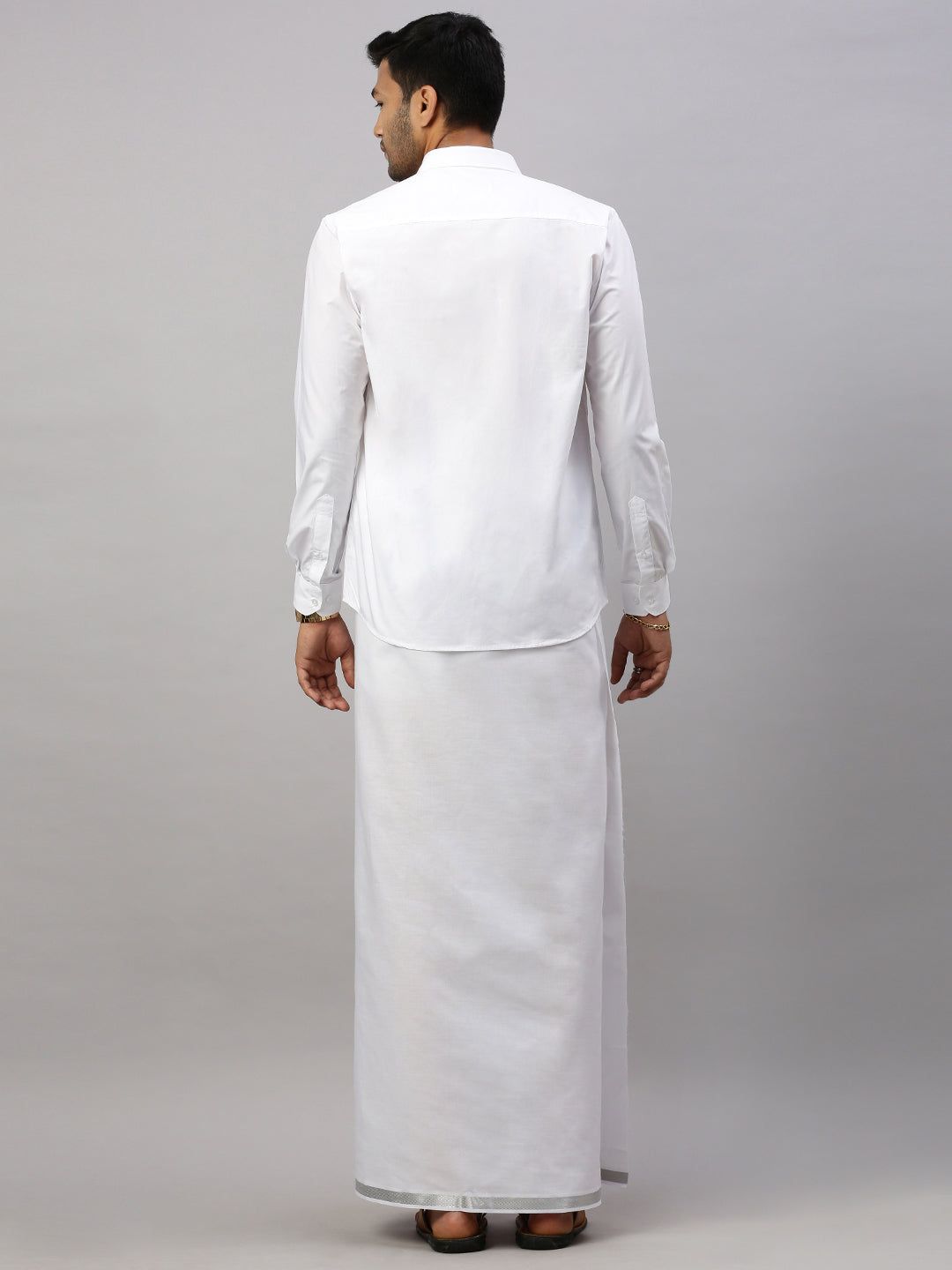 Men 100% Cotton Single Layer White Dhoti With 1" Silver Jari Border Shringar image 3