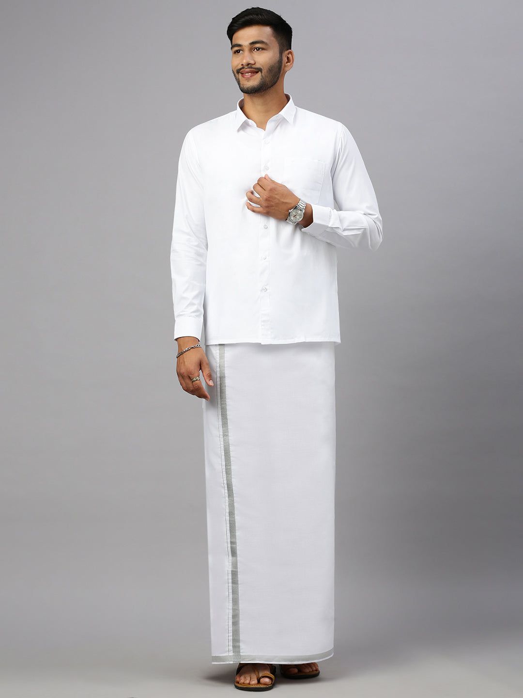 Men 100% Cotton Single Layer White Dhoti With 1/2" Jari Border Silver Storm image 3