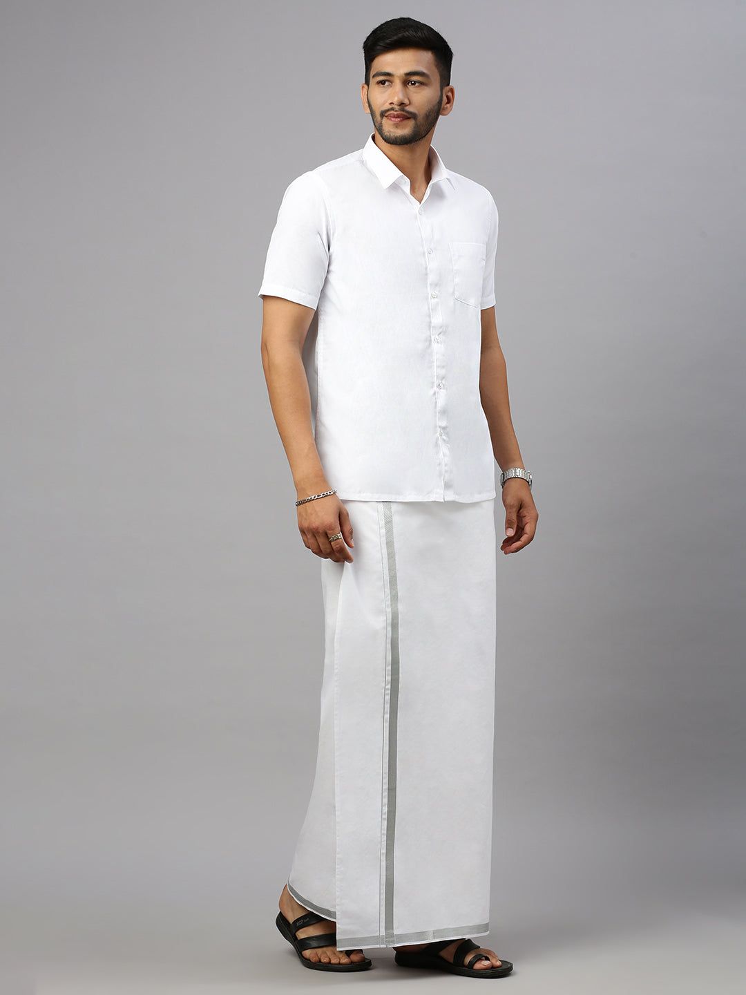 Men Cotton Blend Double Layer White Dhoti With 1" Jari Border Silver Rose image 3