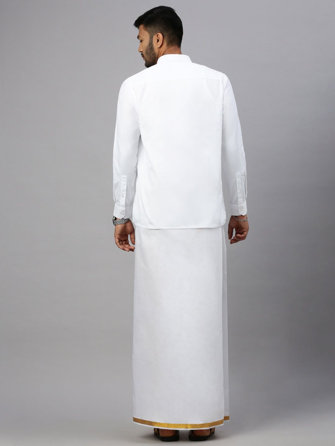 Men Cotton Blend Single Layer White Dhoti With 1" Inch Gold Jari Border Jupiter image 4
