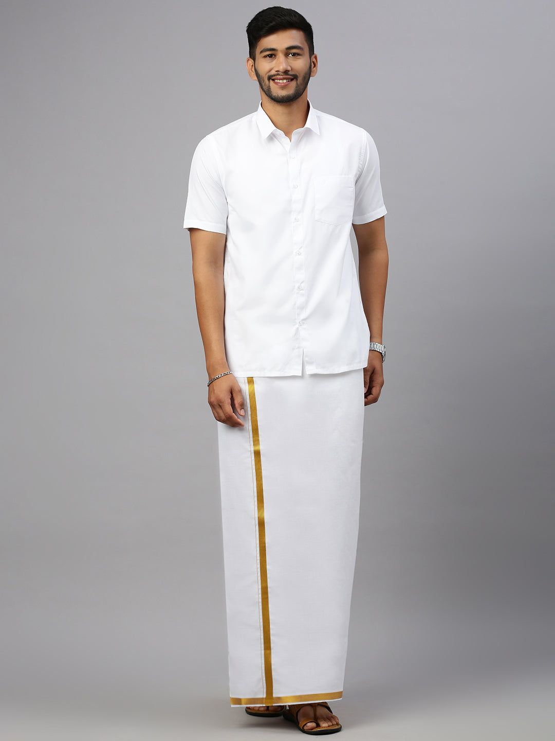 Men Cotton Blend Readymade Single Layer White Dhoti With Gold Jari Border image 4