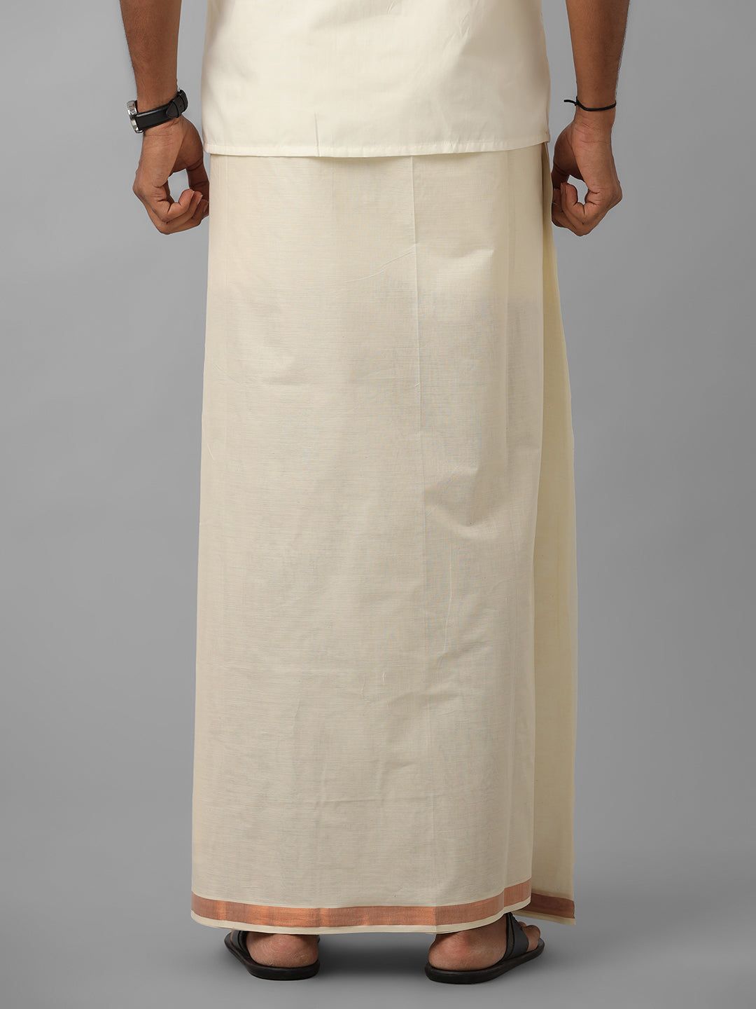 Men Kora Cotton Double Layer Dhoti With Copper Jari Border Mangal image 4
