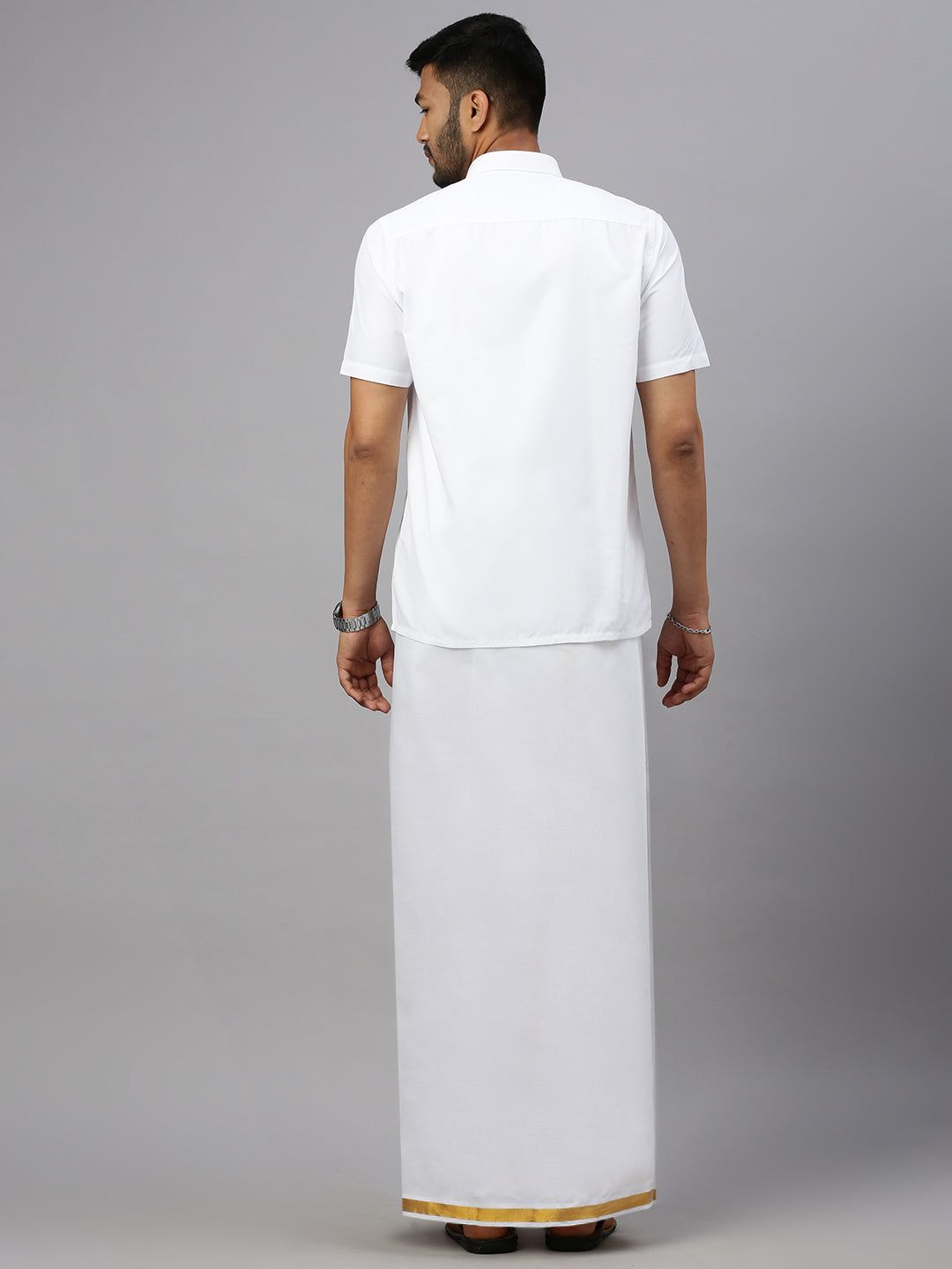 Men 100% Cotton Single Layer White Dhoti With 1" Gold Jari Border Aruthra image 4