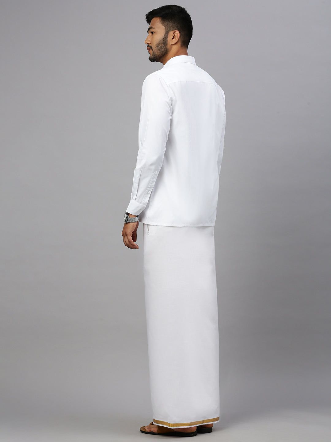 Men Cotton Blend Double Layer White Dhoti With 3/4" Gold Jari Border Goldsmith image 4