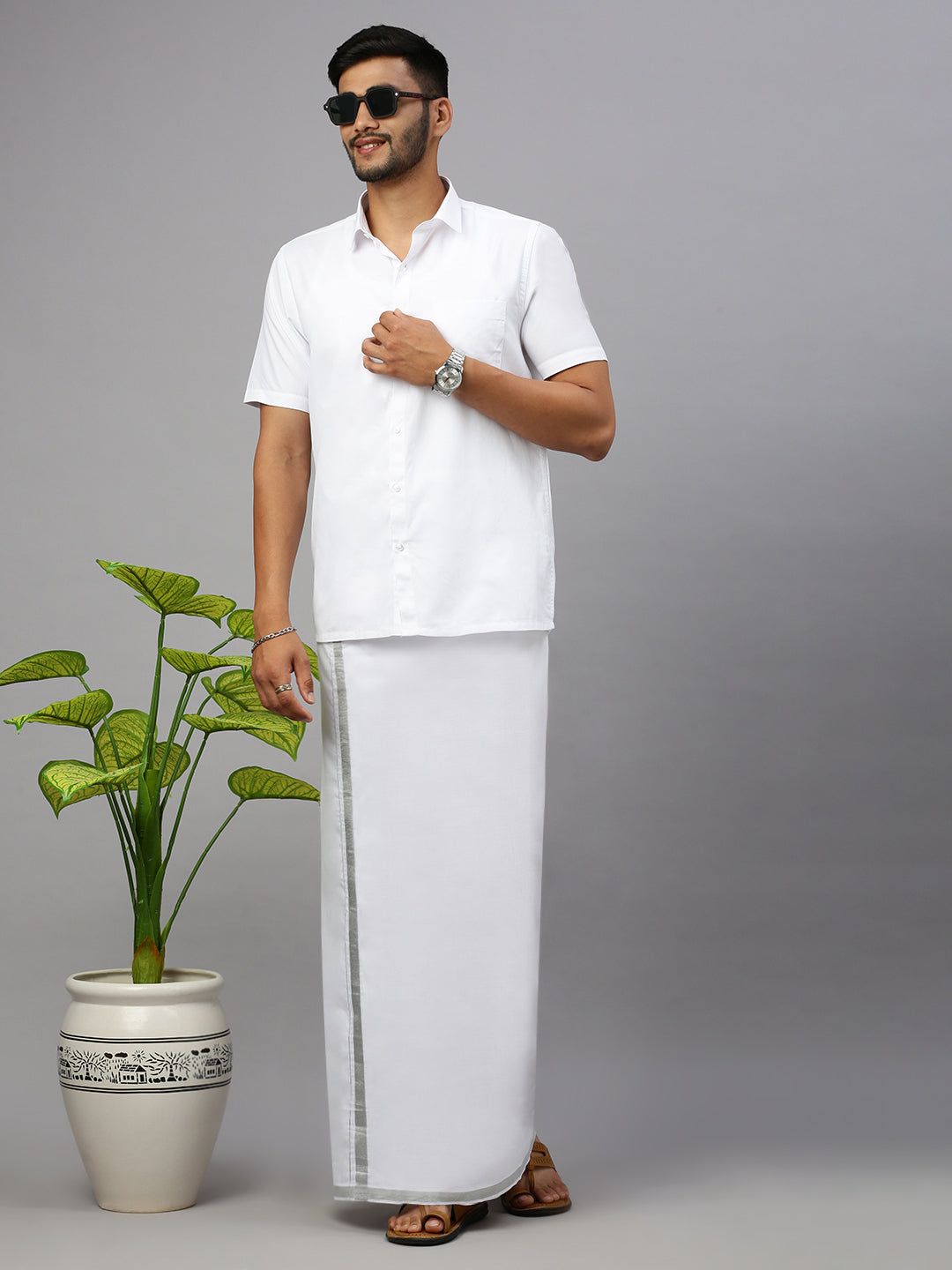 Men Cotton Blend Double Layer White Dhoti With Silver Jari Border Statesman image 4