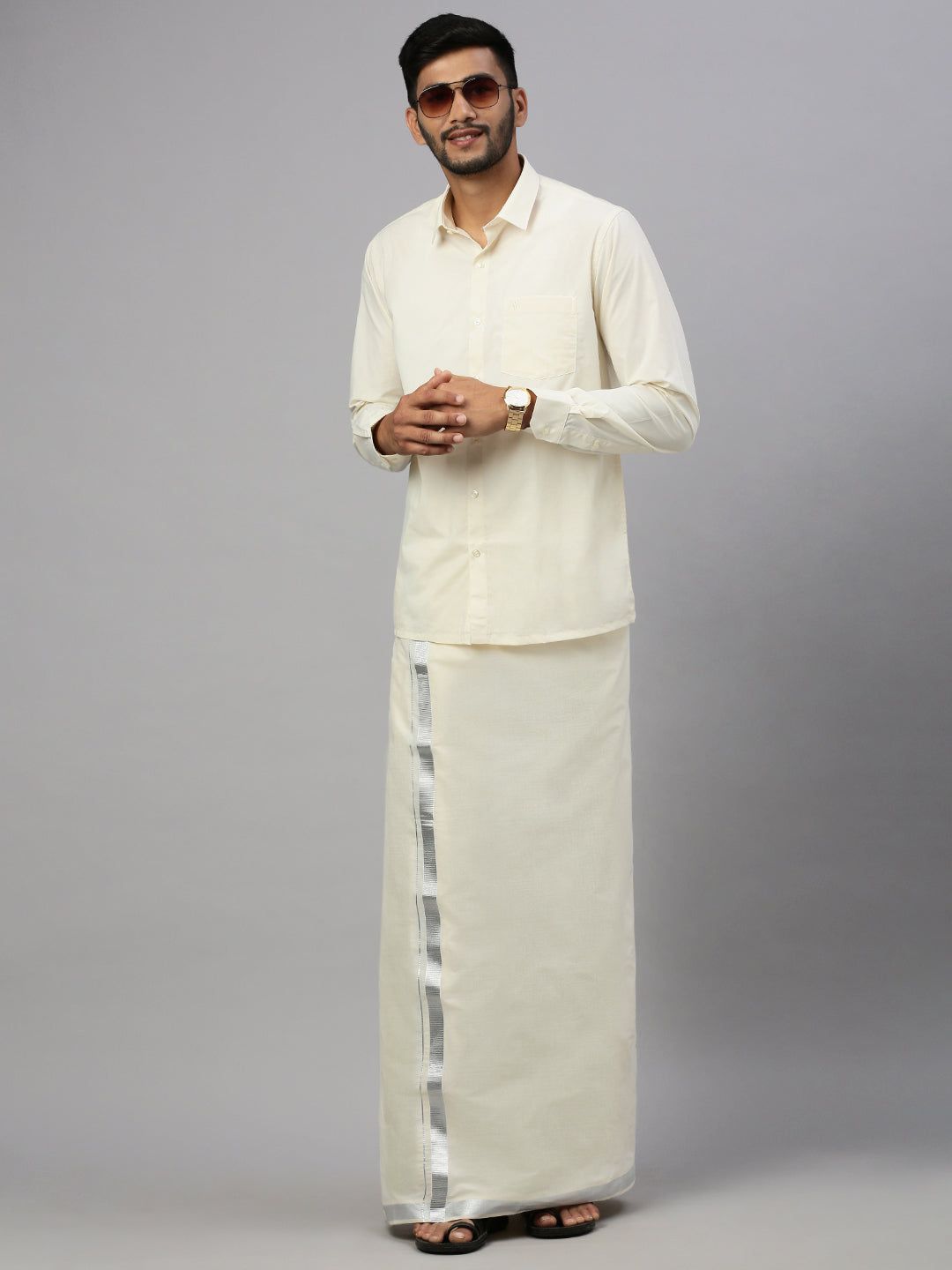 Men Kora Cotton Double Layer Dhoti With 1" Jari Border Silver Mark image 4