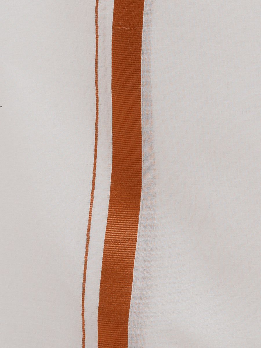 Men Cotton Blend Single Layer White Dhoti With 3/4" Copper Jari Border image 4
