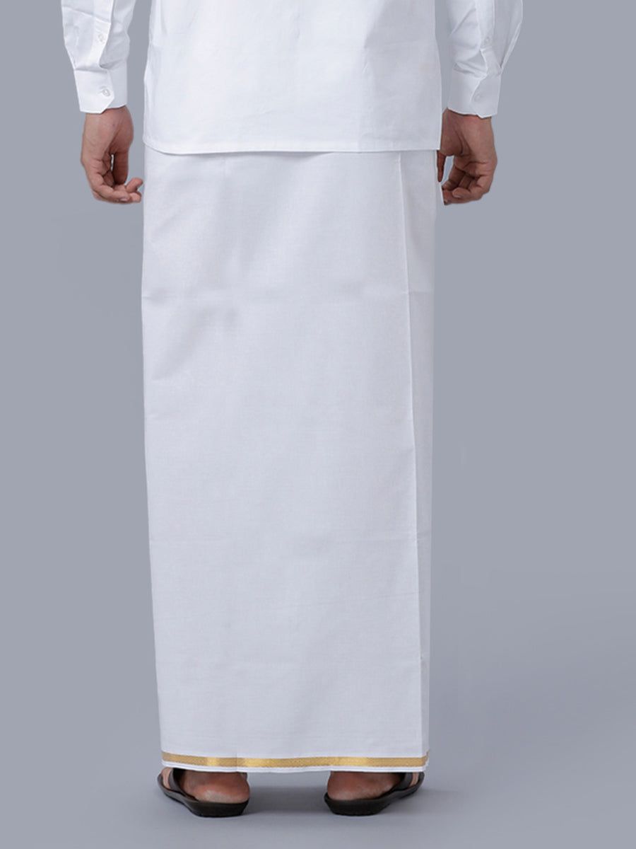 Men Cotton Blend Double Layer White Dhoti With 1/2" Gold Jari Border Goldsmith image 4