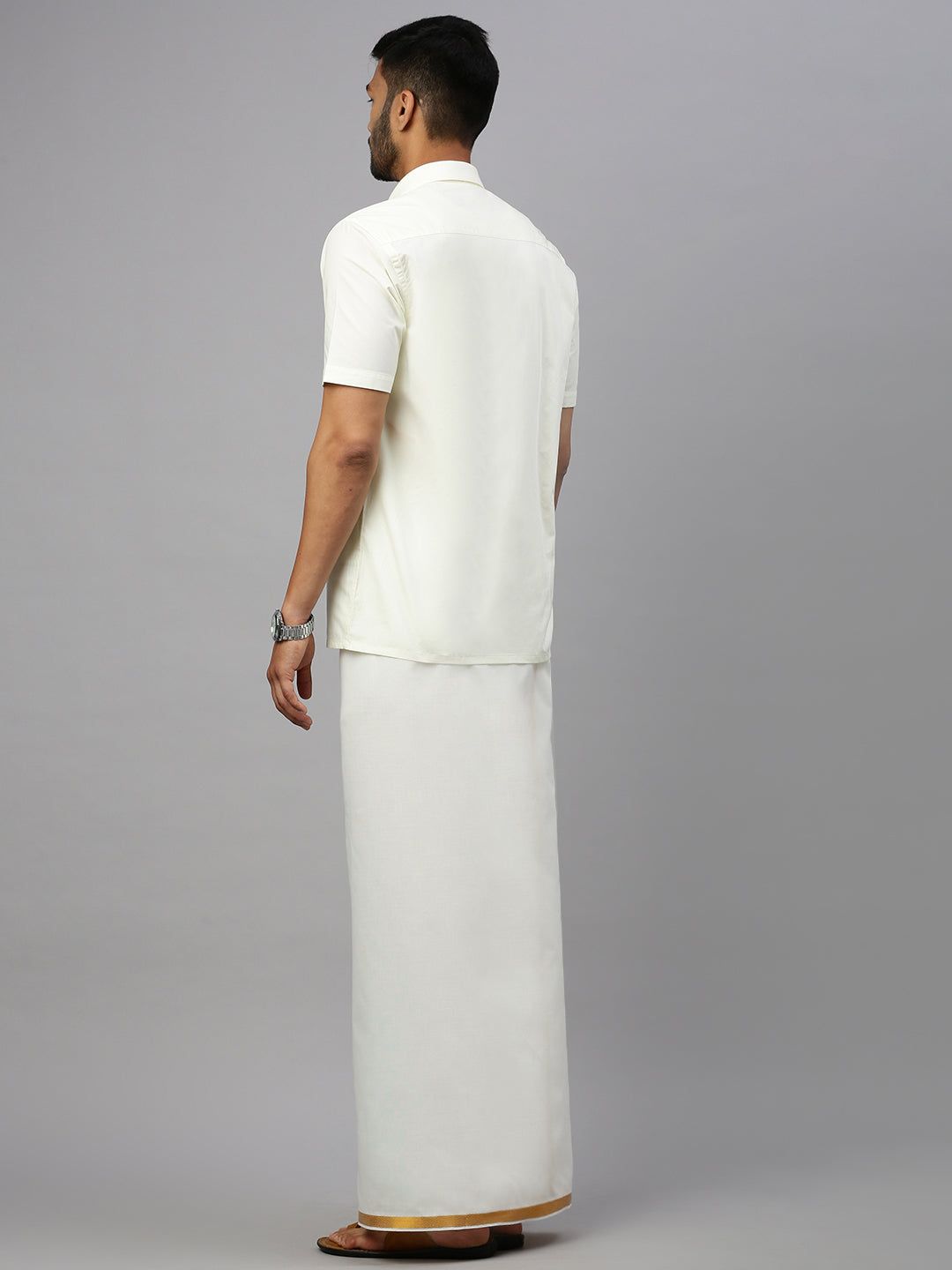 Men Cotton Blend Double Layer Cream Dhoti With 3/4" Jari Border Gold Leaf image 4