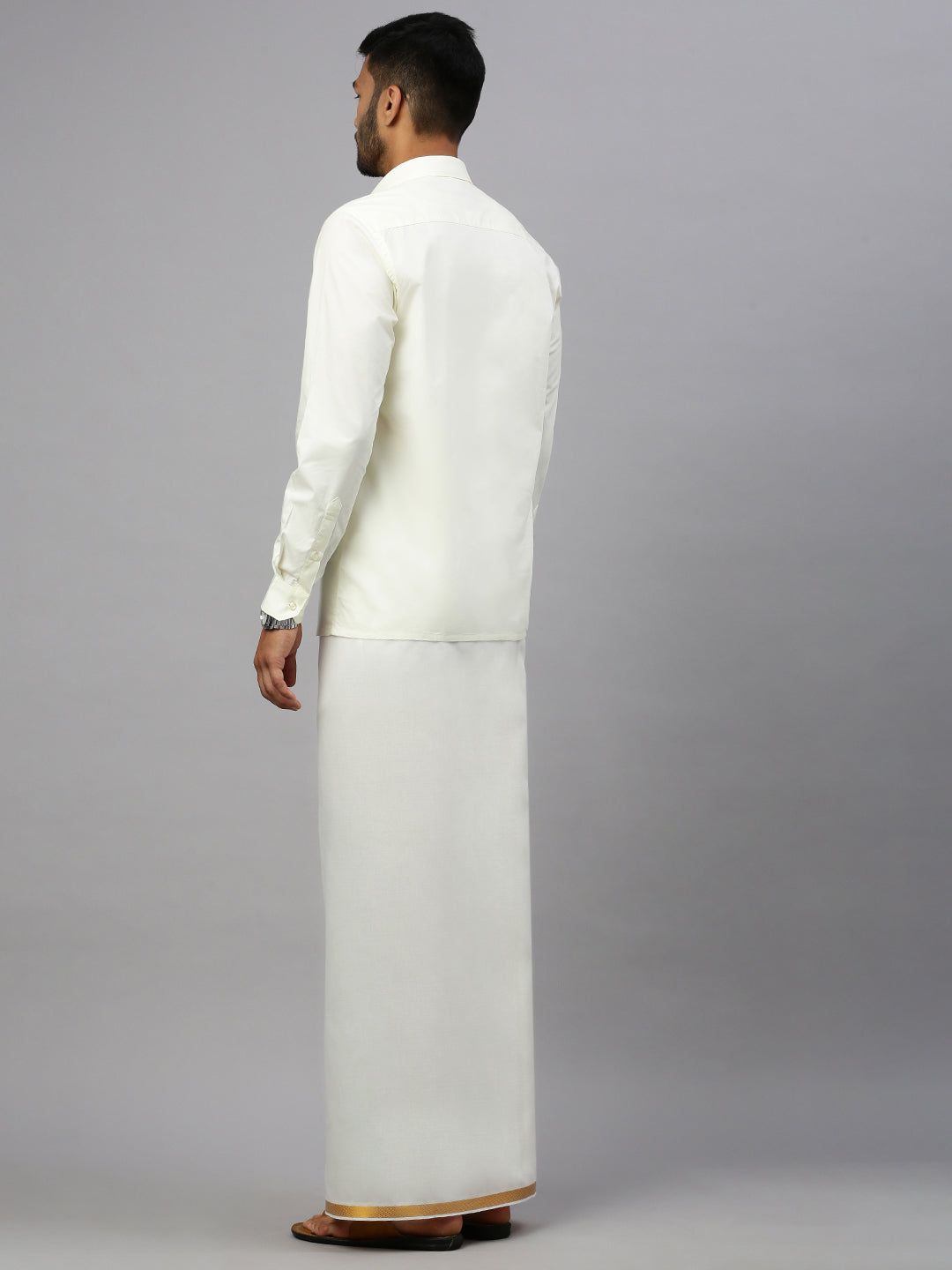 Men Cotton Blend Double Layer Cream Dhoti With 1/2" Jari Border Gold Leaf image 4