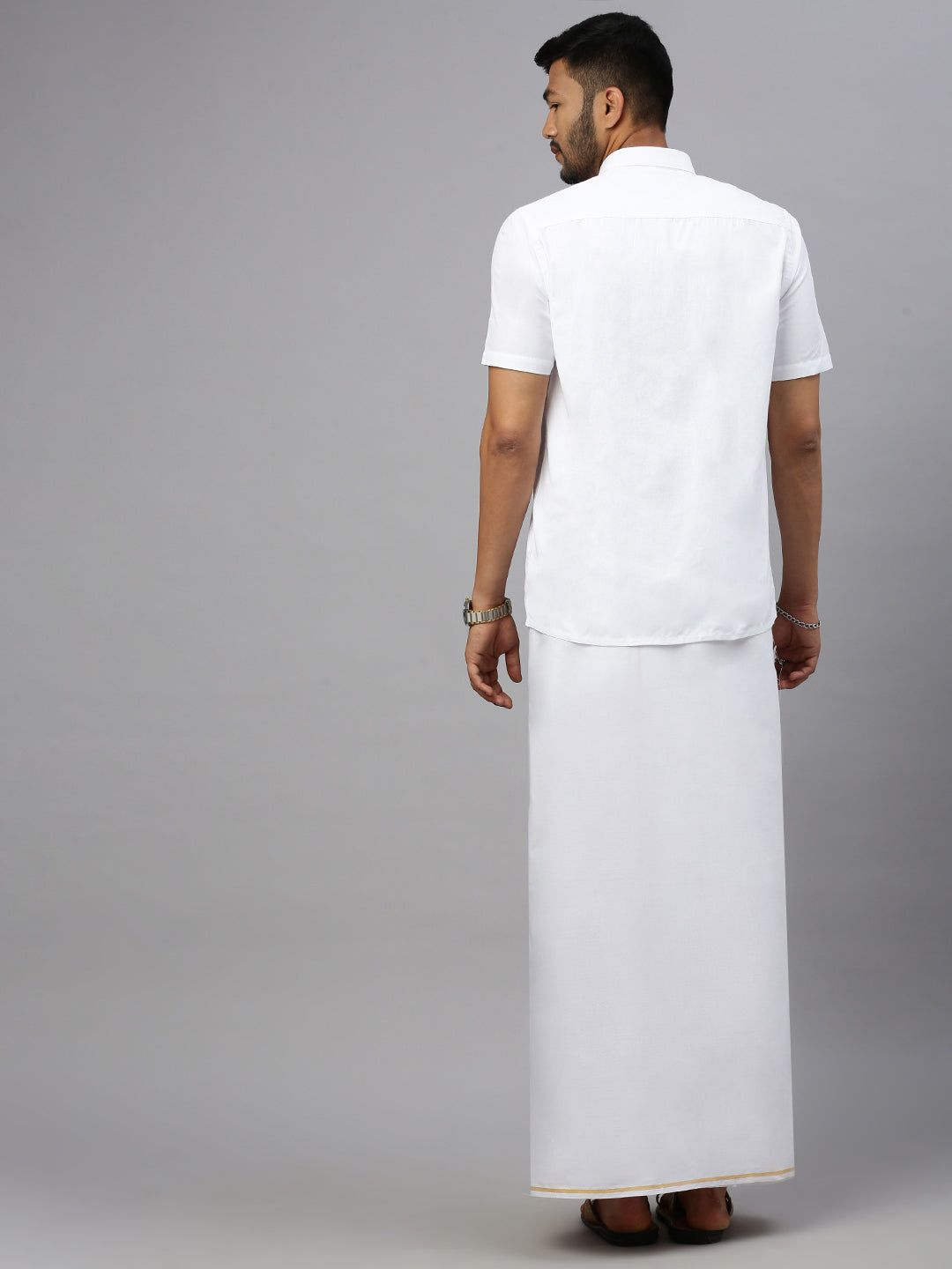 Men 100% Cotton Single Layer White Dhoti With Gold Jari Border Riktha image 4