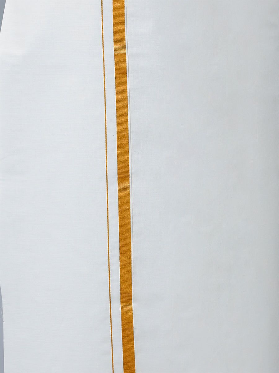 Men 100% Cotton Single Layer Cream Dhoti With 3/4" Gold Jari Border Maestro image 4