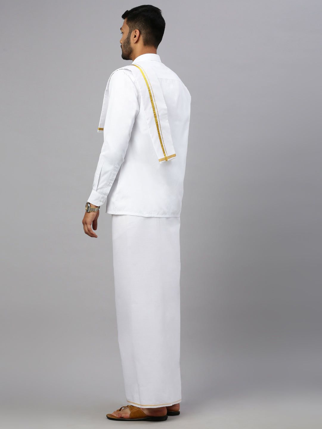 Men 100% Cotton Single Layer White Dhoti With 1/4" Gold Jari Border Aruthra image 4