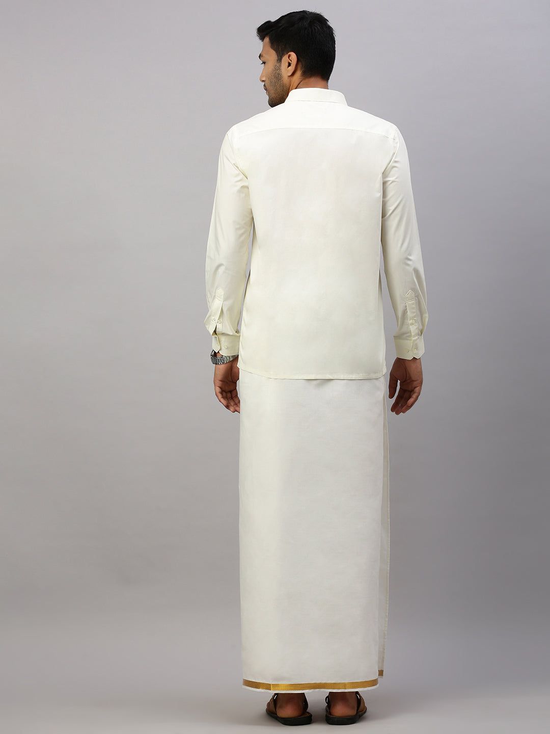 Men 100% Cotton Single Layer Cream Dhoti With 3/4" Gold Jari Border Career image 4