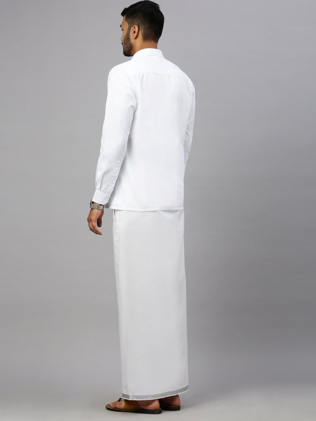 Men 100% Cotton Single Layer White Dhoti With 3/4" Silver Jari Border Shringar image 4