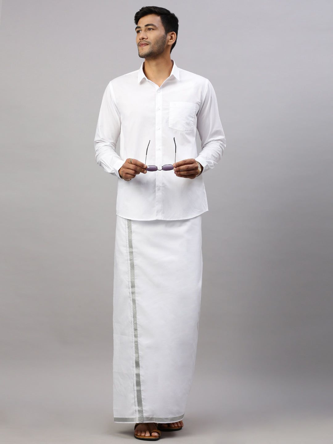 Men 100% Cotton Single Layer White Dhoti With 1" Silver Jari Border Shringar image 4