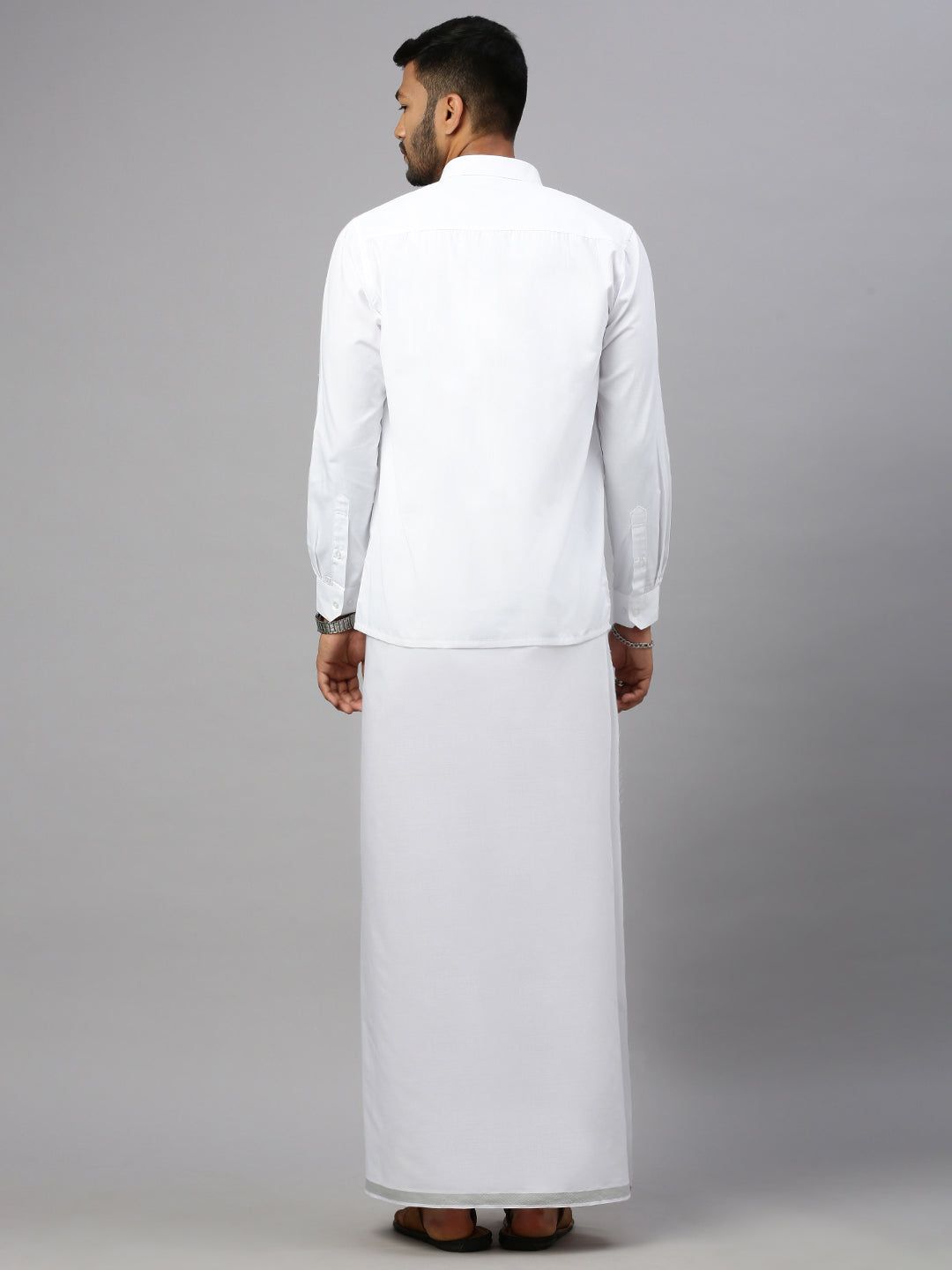 Men 100% Cotton Single Layer White Dhoti With 1/2" Jari Border Silver Storm image 4