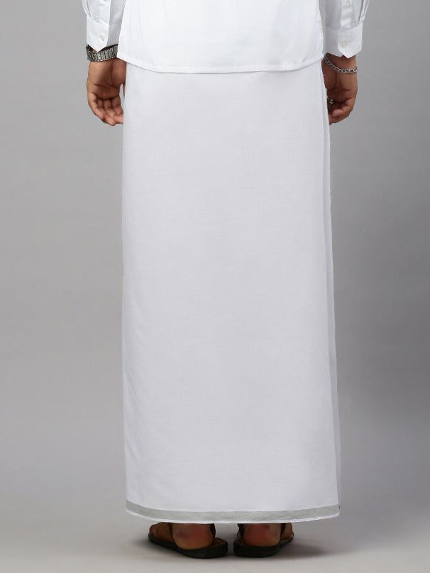 Men Cotton Blend Single Layer White Dhoti With 3/4" Silver Jari Border image 4