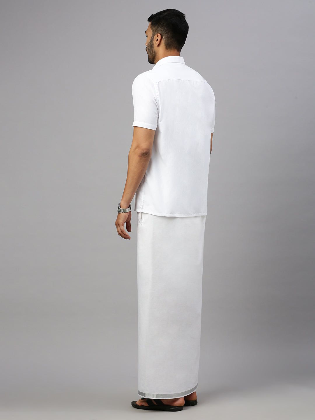 Men Cotton Blend Double Layer White Dhoti With 1" Jari Border Silver Rose image 4