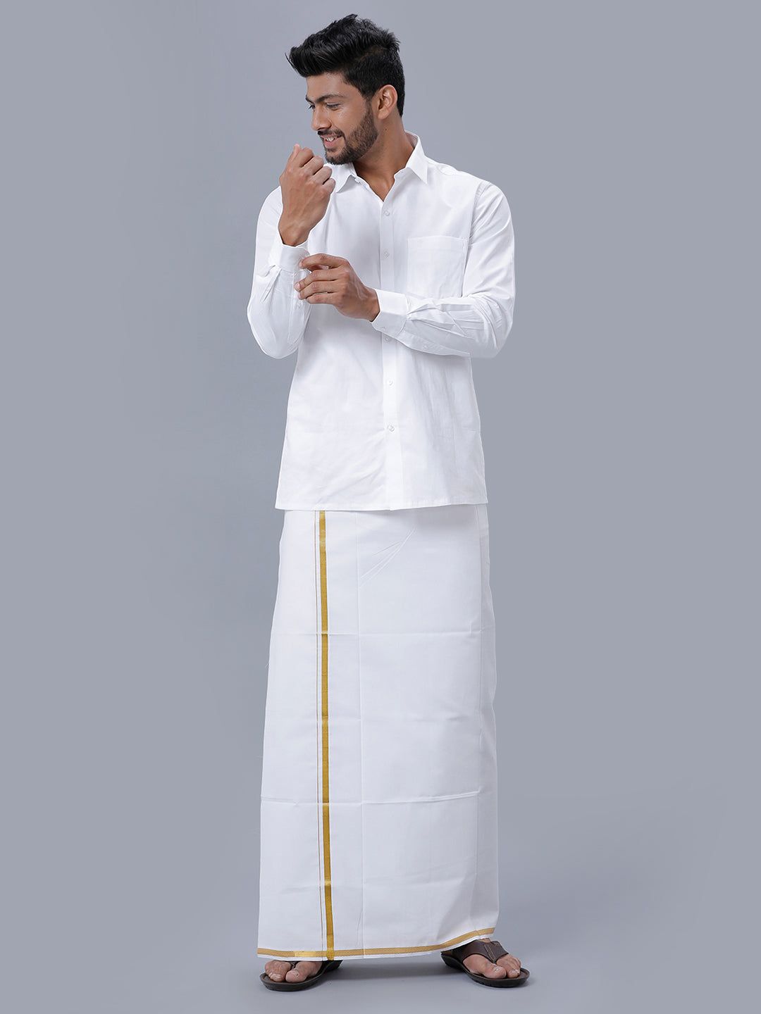 Men Cotton Blend Double Layer White Dhoti With 1/2" Gold Jari Border Golden Heart image 5