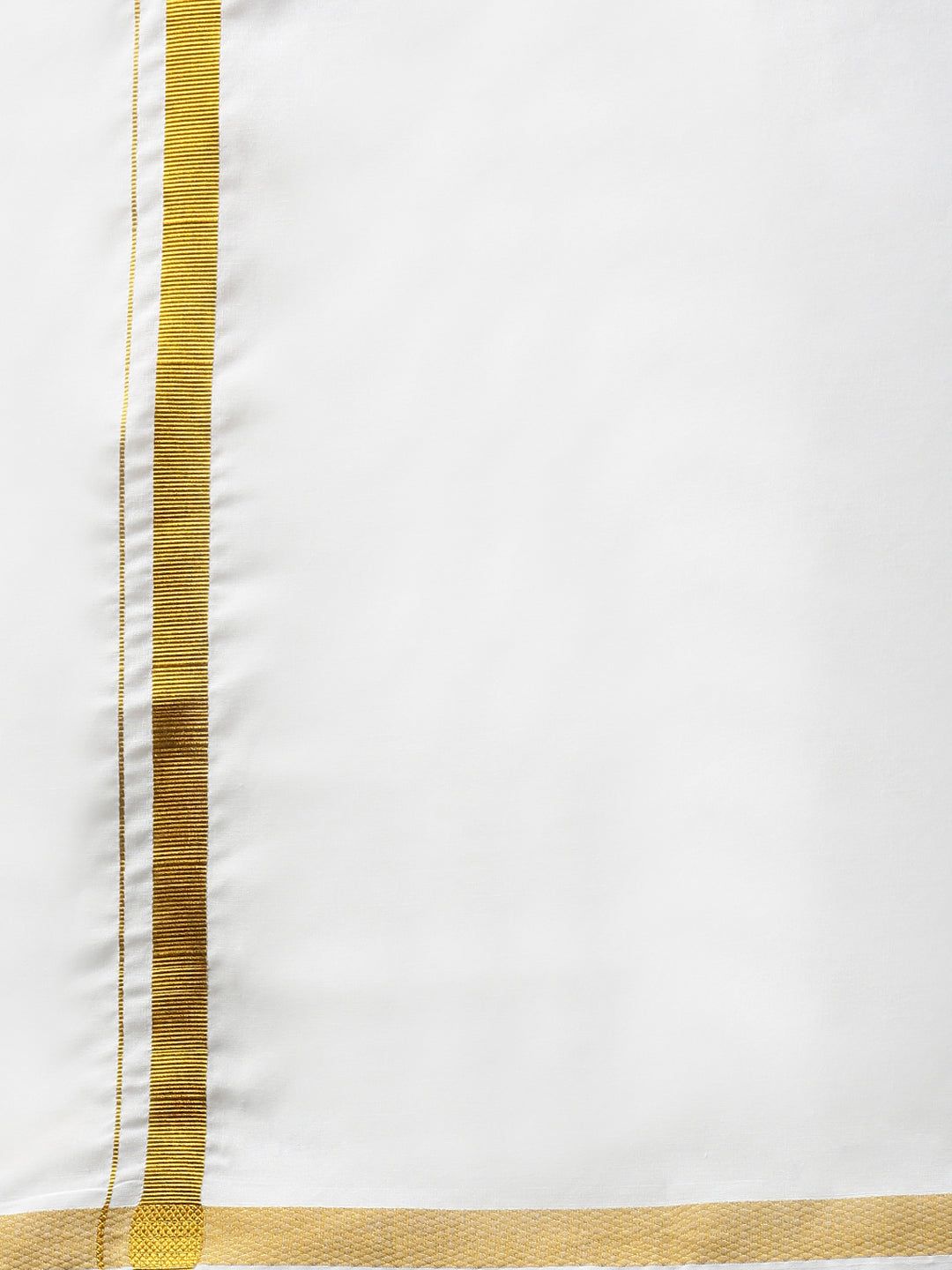 Men Cotton Blend Double Layer White Dhoti With 3/4" Gold Jari Border Goldsmith image 5