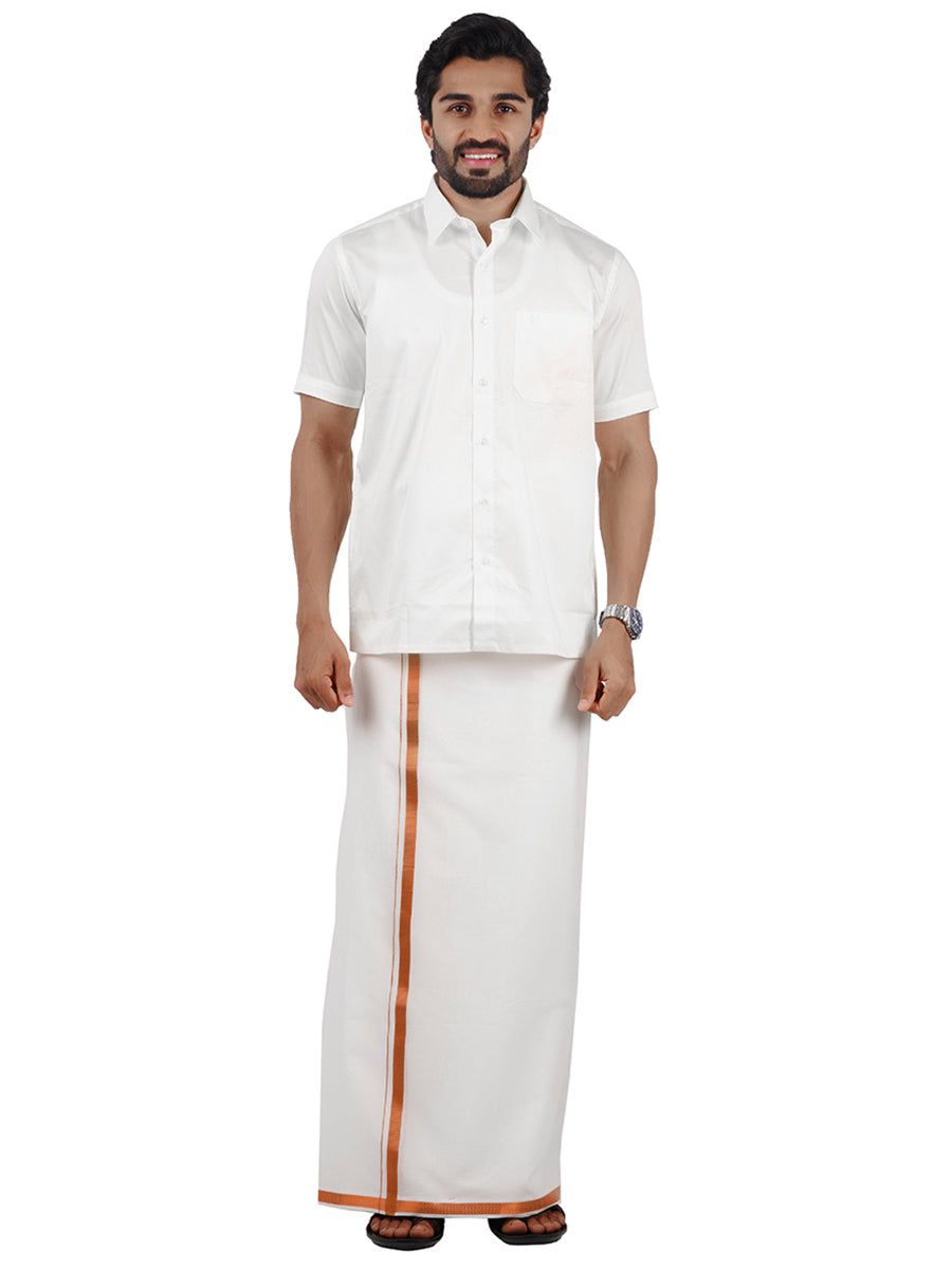 Men Cotton Blend Single Layer White Dhoti With 3/4" Copper Jari Border image 5