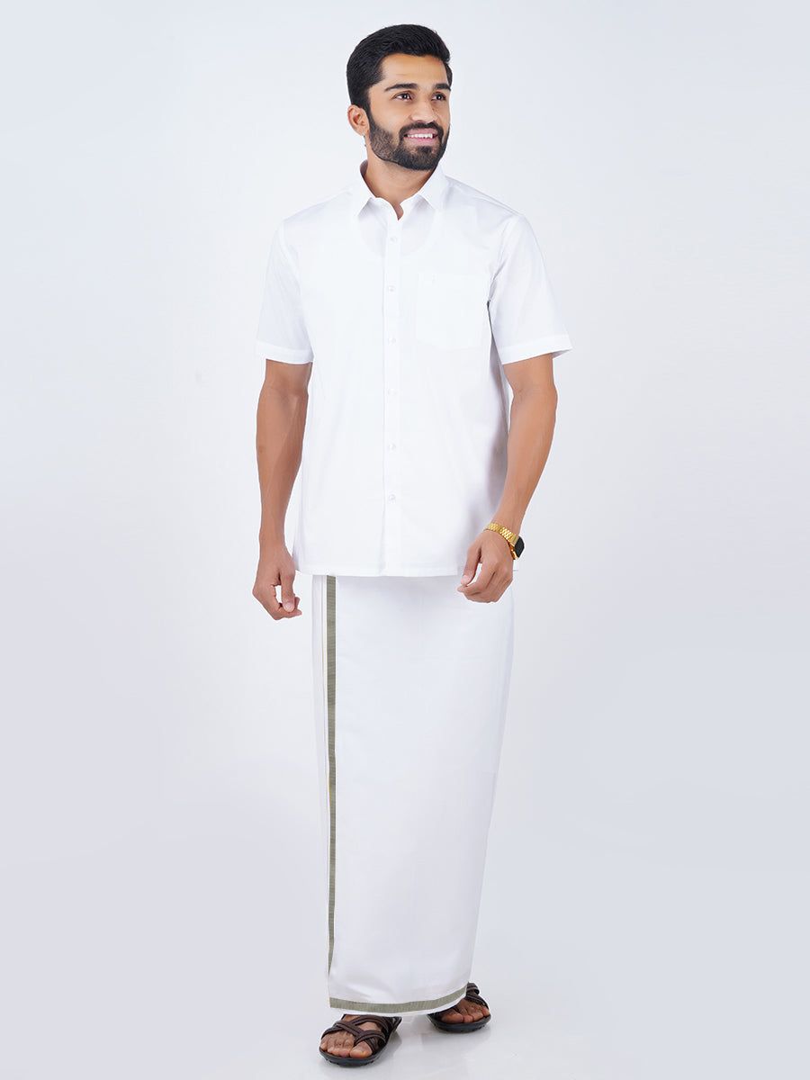 Men Cotton Blend Single Layer White Dhoti With 3/4" Silver Jari Border Silvertone image 5