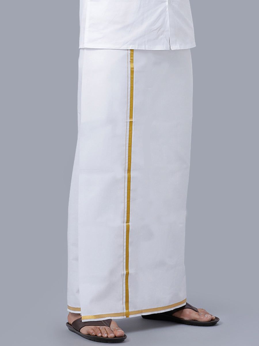 Men Cotton Blend Double Layer White Dhoti With 1/2" Gold Jari Border Goldsmith image 5