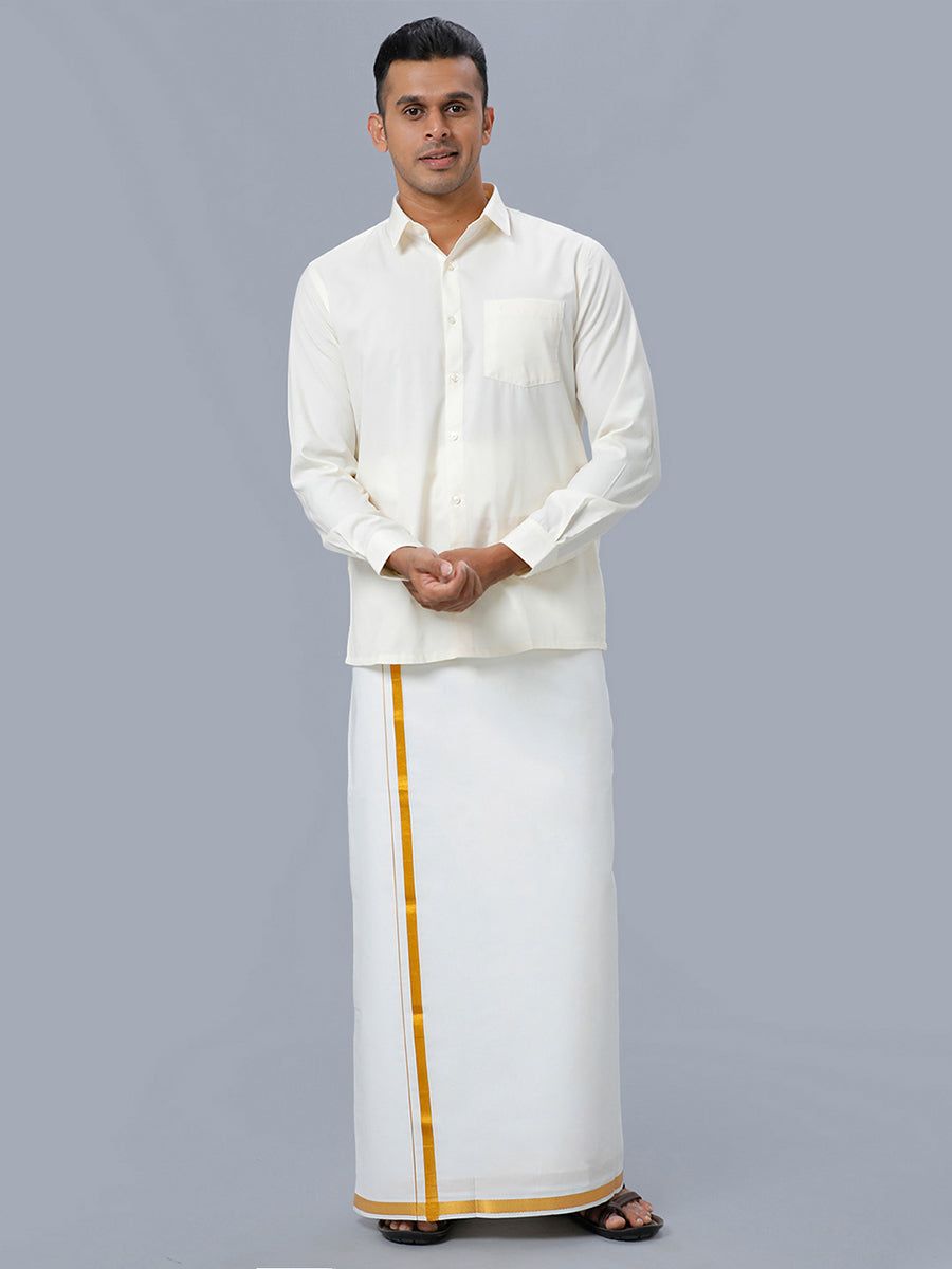 Men 100% Cotton Single Layer Cream Dhoti With 3/4" Gold Jari Border Maestro image 5