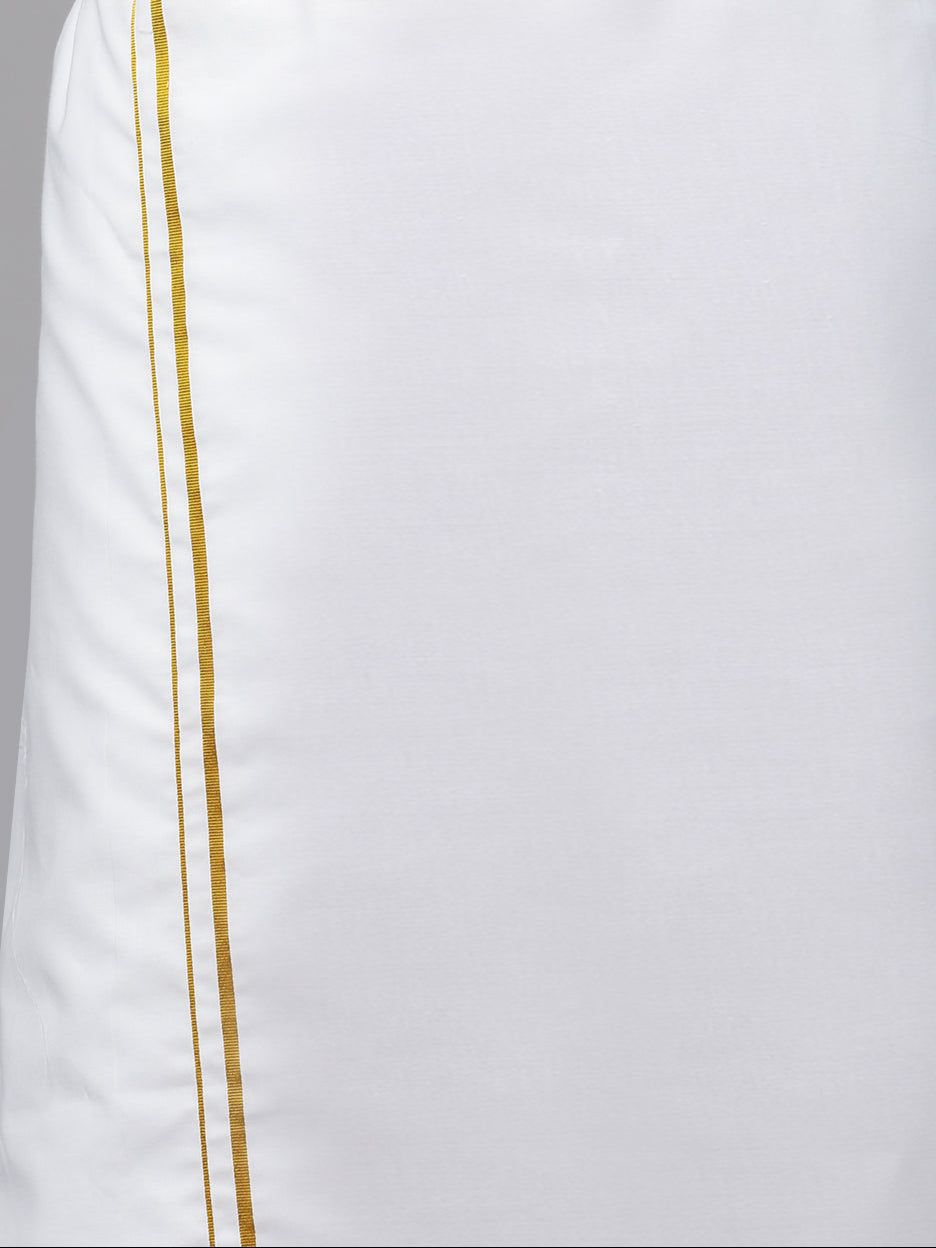 Men 100% Cotton Single Layer White Dhoti With 1/4" Gold Jari Border Aruthra image 5
