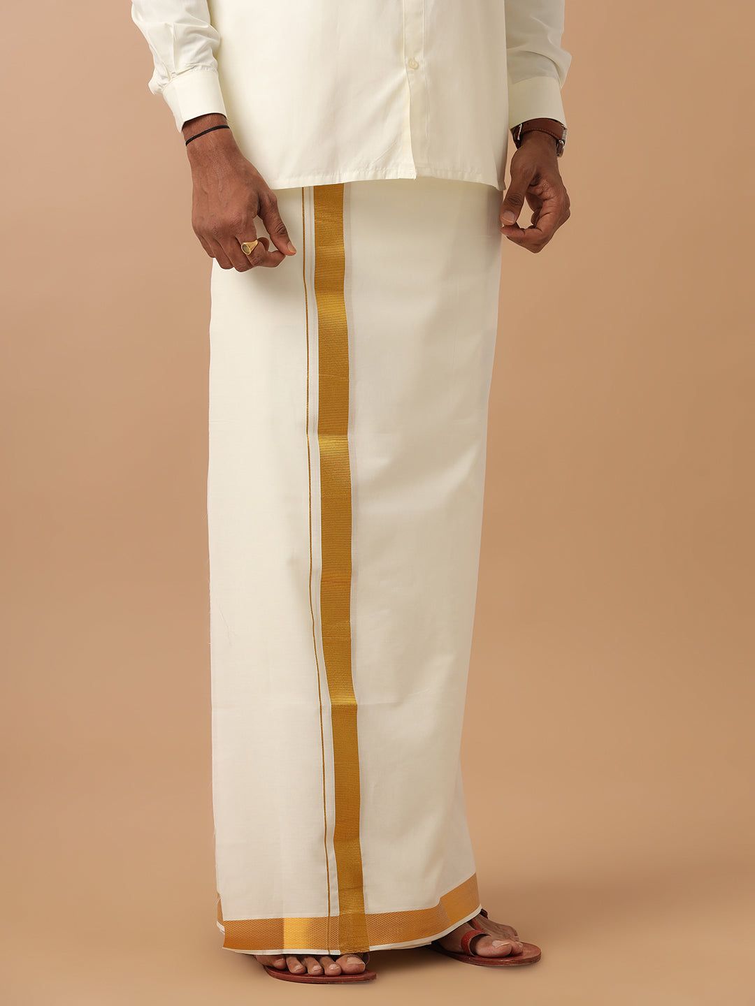 Men 100% Cotton Single Layer Cream Dhoti With 1 1/2" Gold Jari Border Career image 5