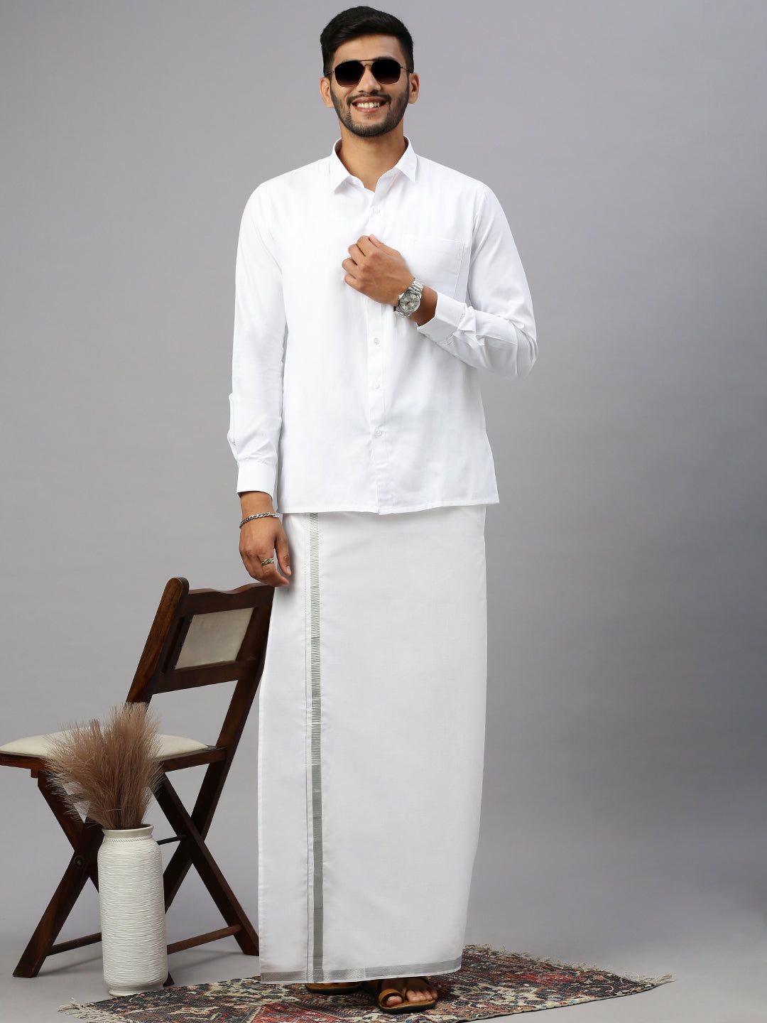 Men 100% Cotton Single Layer White Dhoti With 3/4" Silver Jari Border Shringar image 5