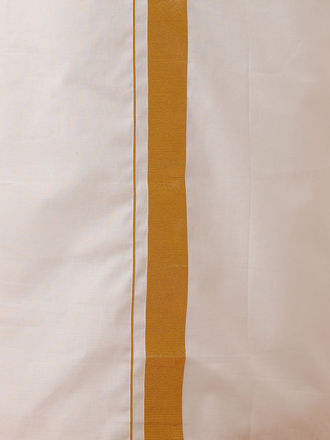 Men 100% Cotton Single Layer White Dhoti With 1 1/2" Gold Jari Border Aruthra image 5