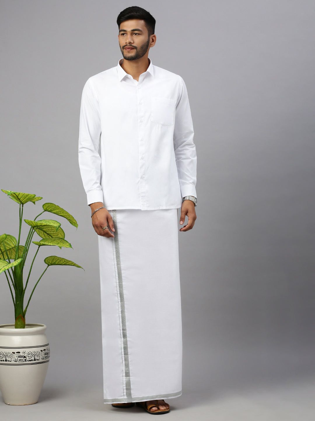 Men 100% Cotton Single Layer White Dhoti With 1/2" Jari Border Silver Storm image 5